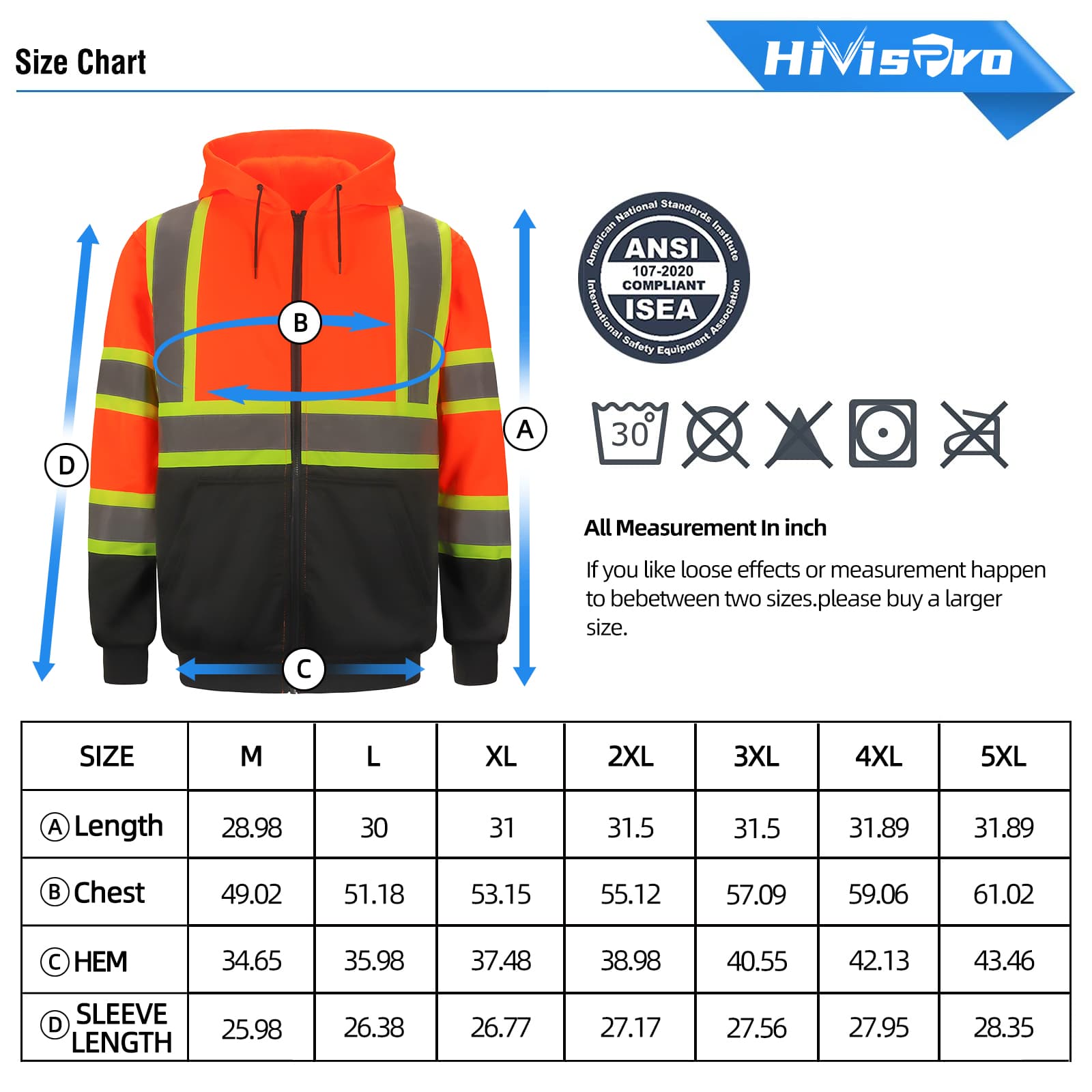 Hivispro orange safety hoodie st81012 size chart with measurements and ANSI/ISEA compliance label.