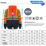 Hivispro orange safety hoodie st81012 size chart with measurements and ANSI/ISEA compliance label.