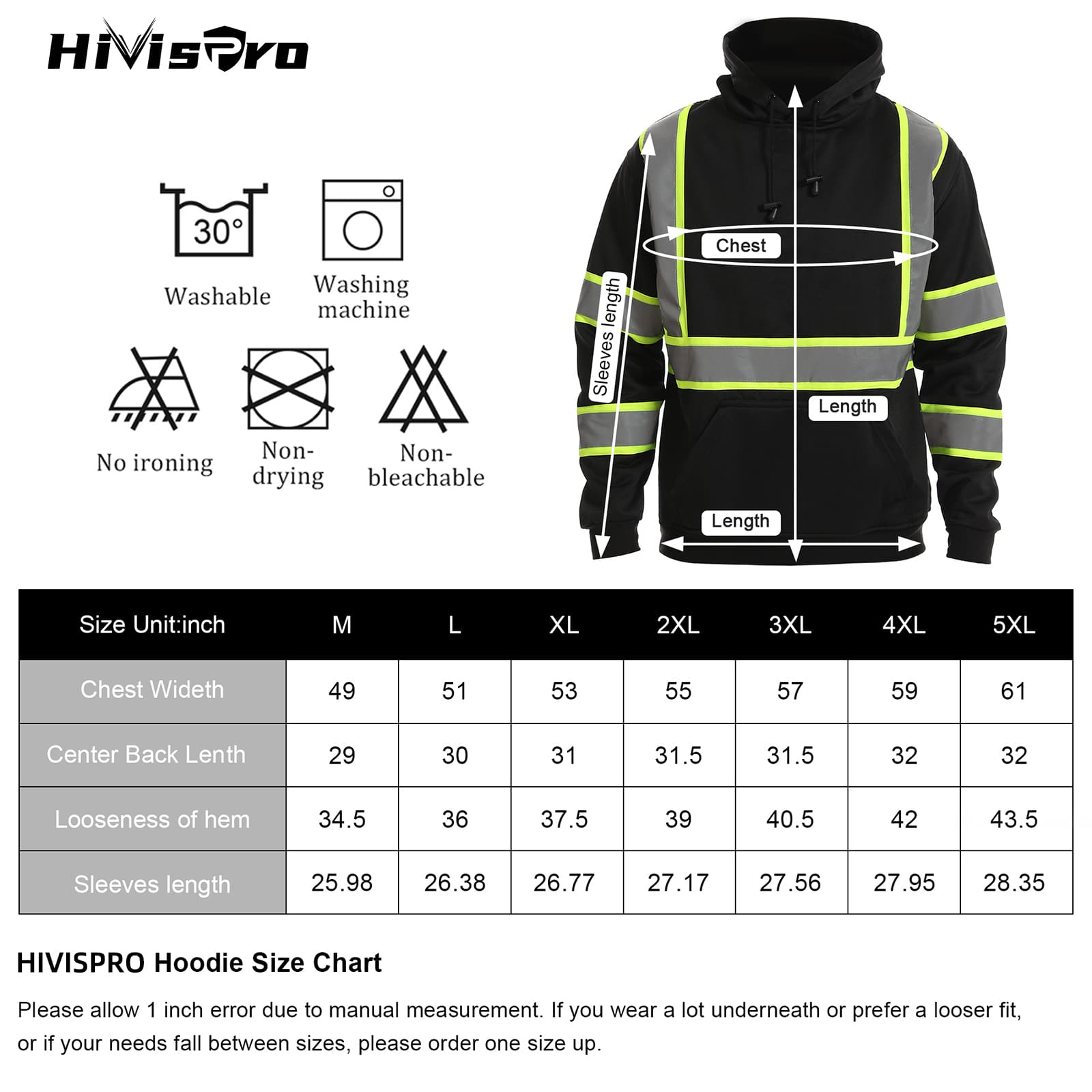 hivispro safety hoodie st82033 size chart and wash instructions