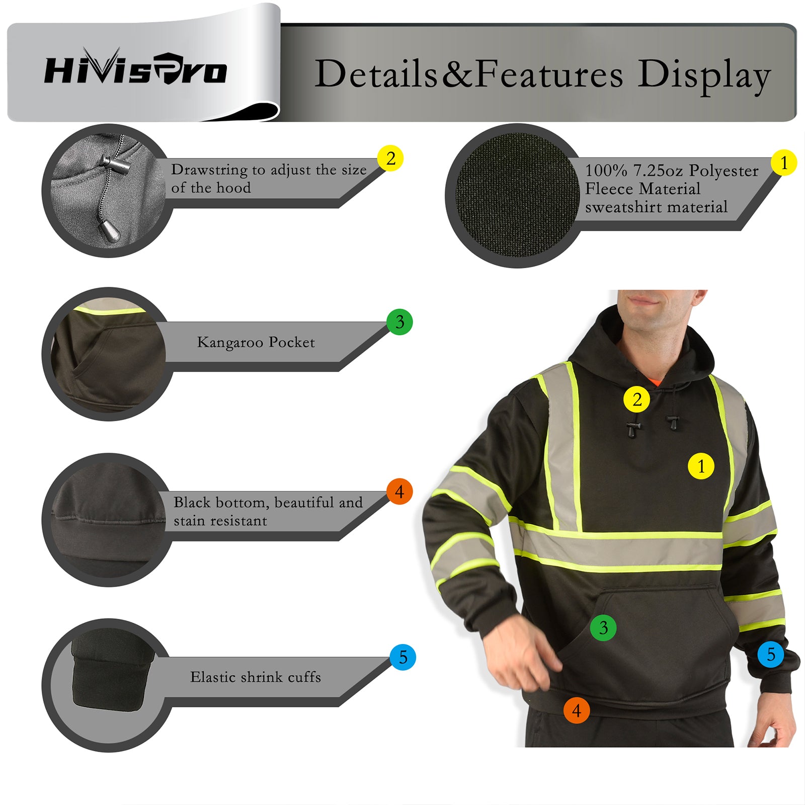 HiVisPro safety hoodie st82033 with features highlighted on a white background