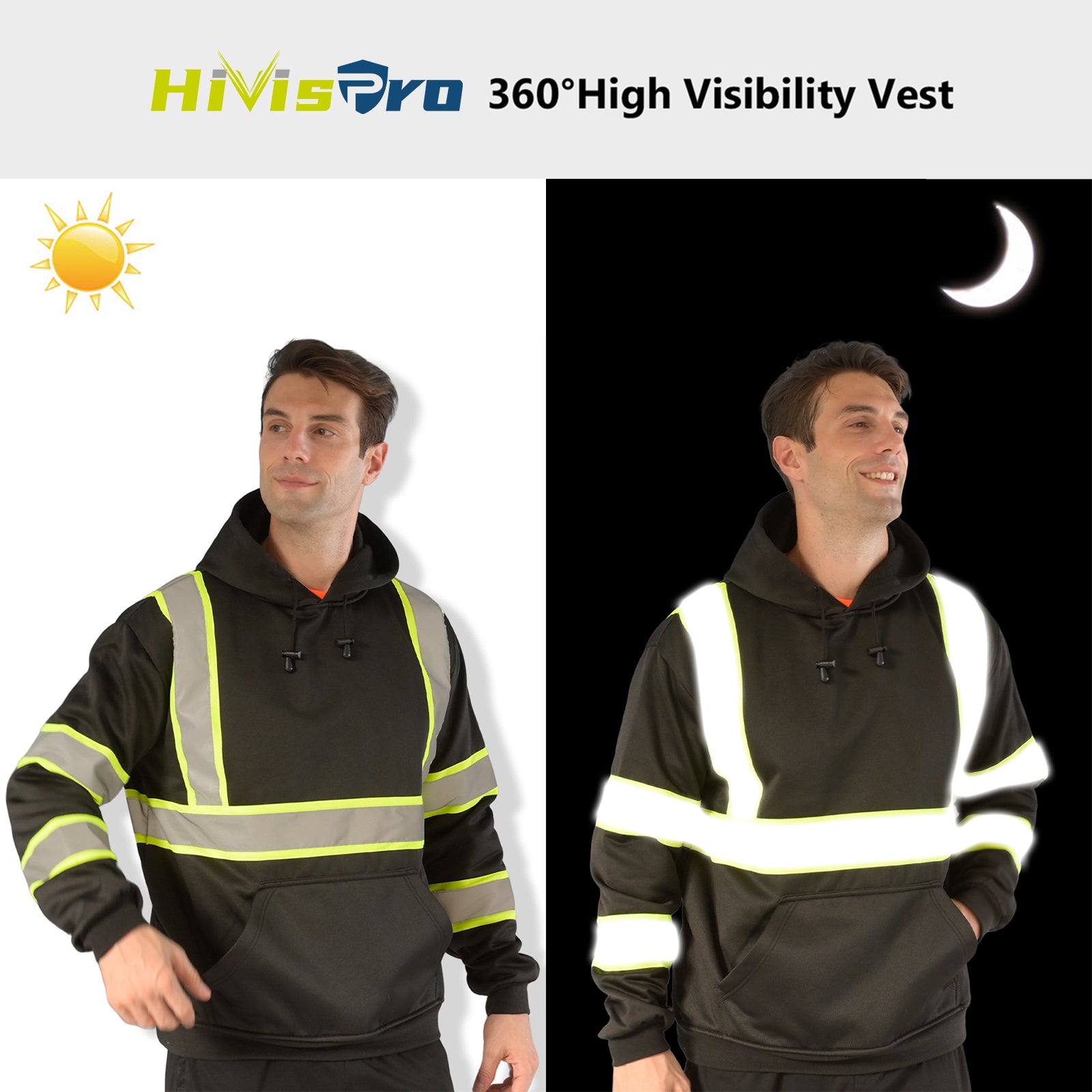 HIVISPRO 360° High Visibility hoodie st82033 displayed on a person with sun and moon icons.