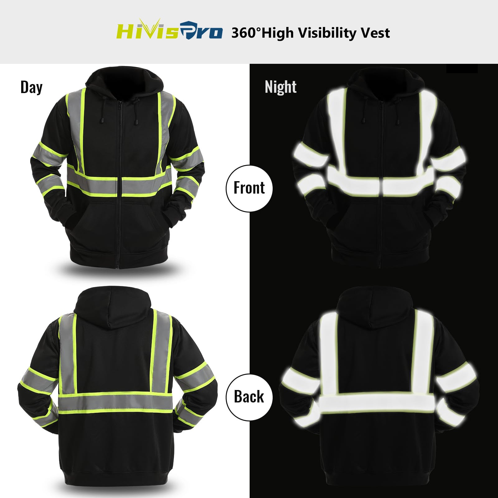 Black high visibility hoodie st82043 with reflective stripes shown from front, back, and side views on a white background.