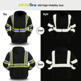 Black high visibility hoodie st82043 with reflective stripes shown from front, back, and side views on a white background.