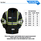hivispro hi vis Black hoodie st82043 with reflective stripes and size chart on a white background