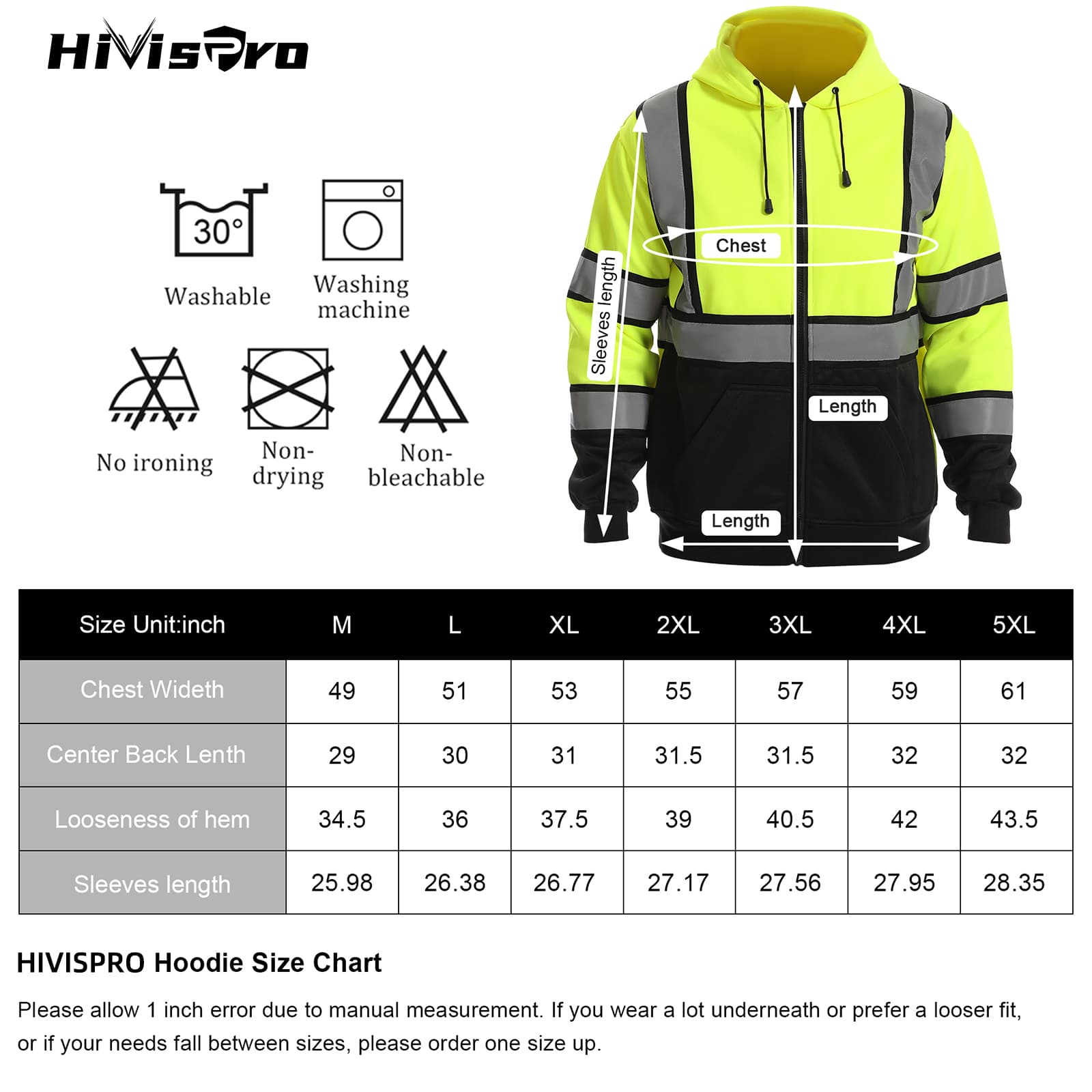 HiVISPRO lime reflective hoodie st82051 with size chart and care instructions on a white background