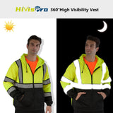 HIVISPRO 360° High Visibility hoodie shown during the day and night with a person wearing it.