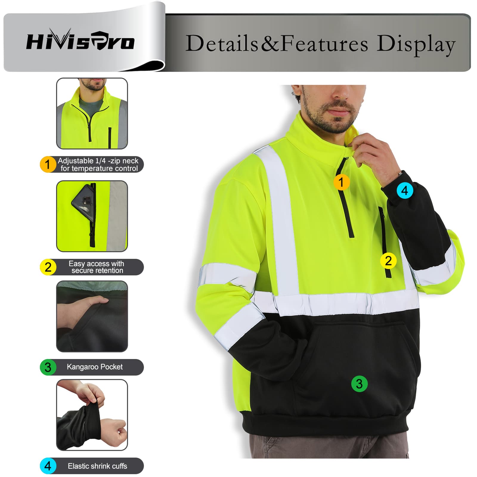 Person wearing a high-visibility sweatshirt st82061 with features highlighted on a white background