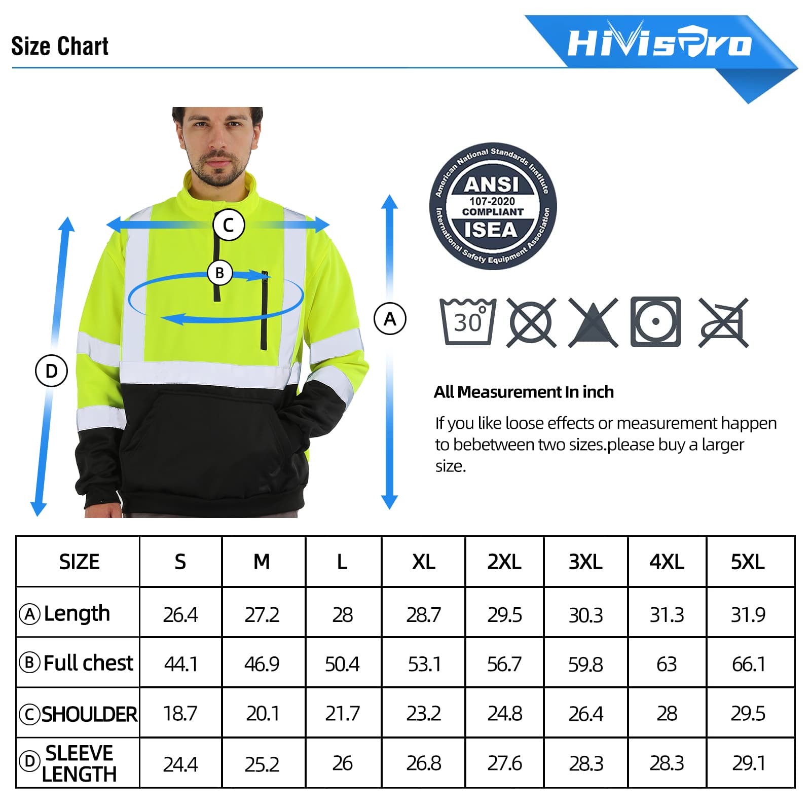 Size chart for a high-visibility sweat shirt with ANSI/ISEA compliance and HivisPro branding.