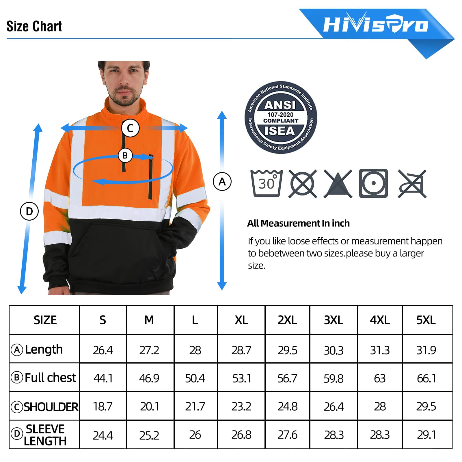 Size chart for a HiVisPro safety sweatshirt st82062 with measurements and ANSI/ISEA compliance label.