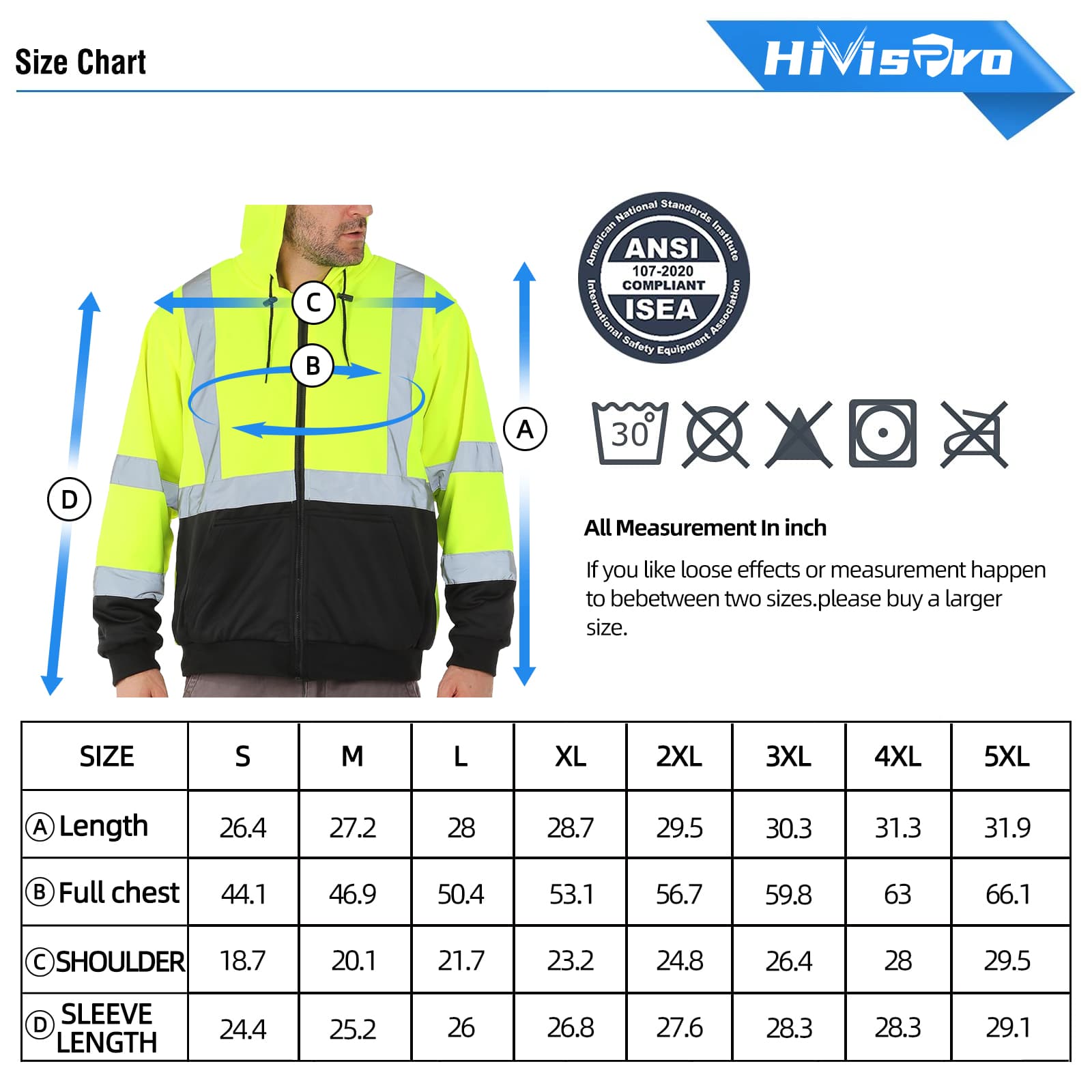 High-visibility hoodie st82071 size chart with measurements and HivisPro branding.