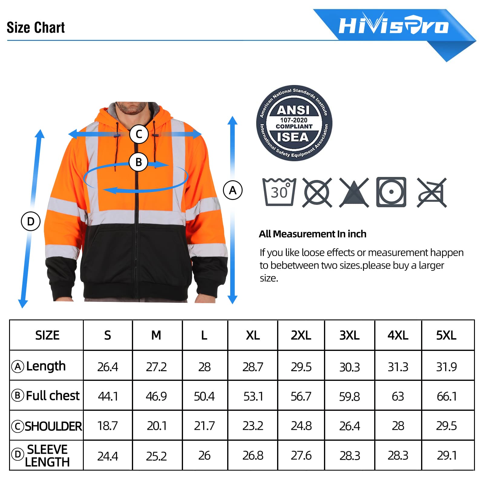 Size chart for a HiVisPro safety hoodie st82072 with measurements and ANSI/ISEA compliance label.