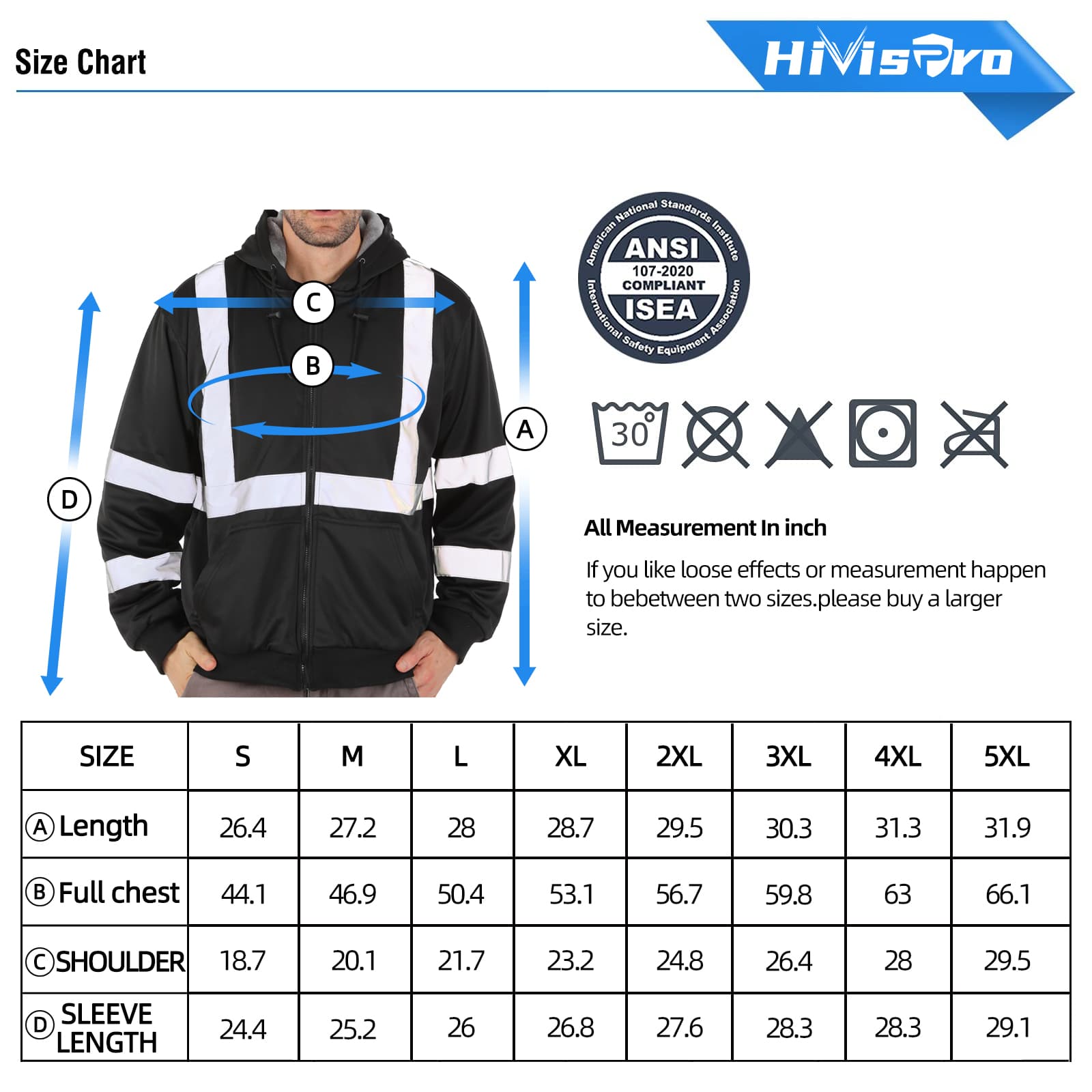 Size chart for a black and white safety hoodie with HiVisPro branding and ANSI/ISEA compliance.