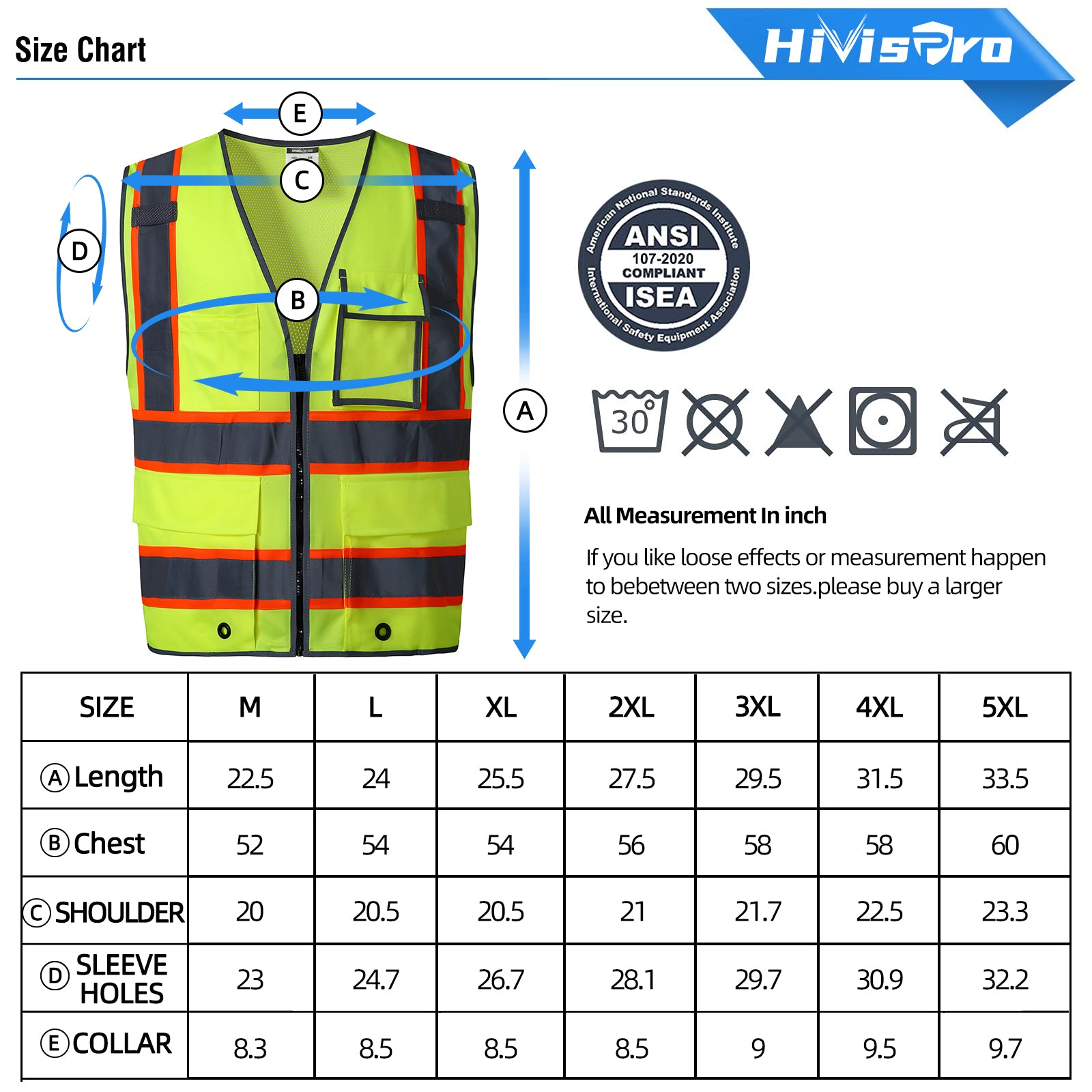 HIVISPRO safety vest size chart with measurements and ANSI/ISEA compliance label.