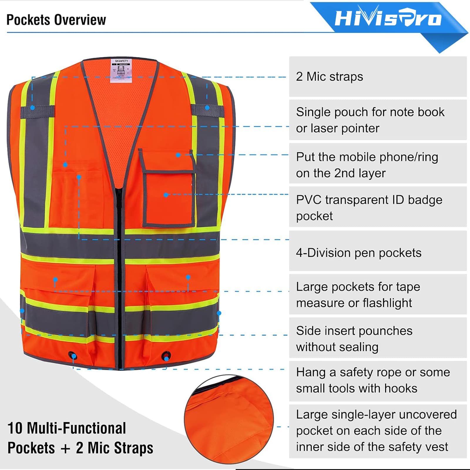 ansi class2 hi vis Orange safety vest hivispro v1012 with labeled pockets and features, branded 'Hivispro'.