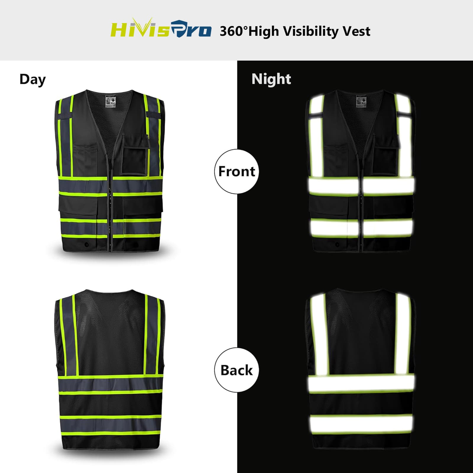 HIVISPRO black safety vest v1013 360° High Visibility Vest shown from front, back, and side views during day and night.