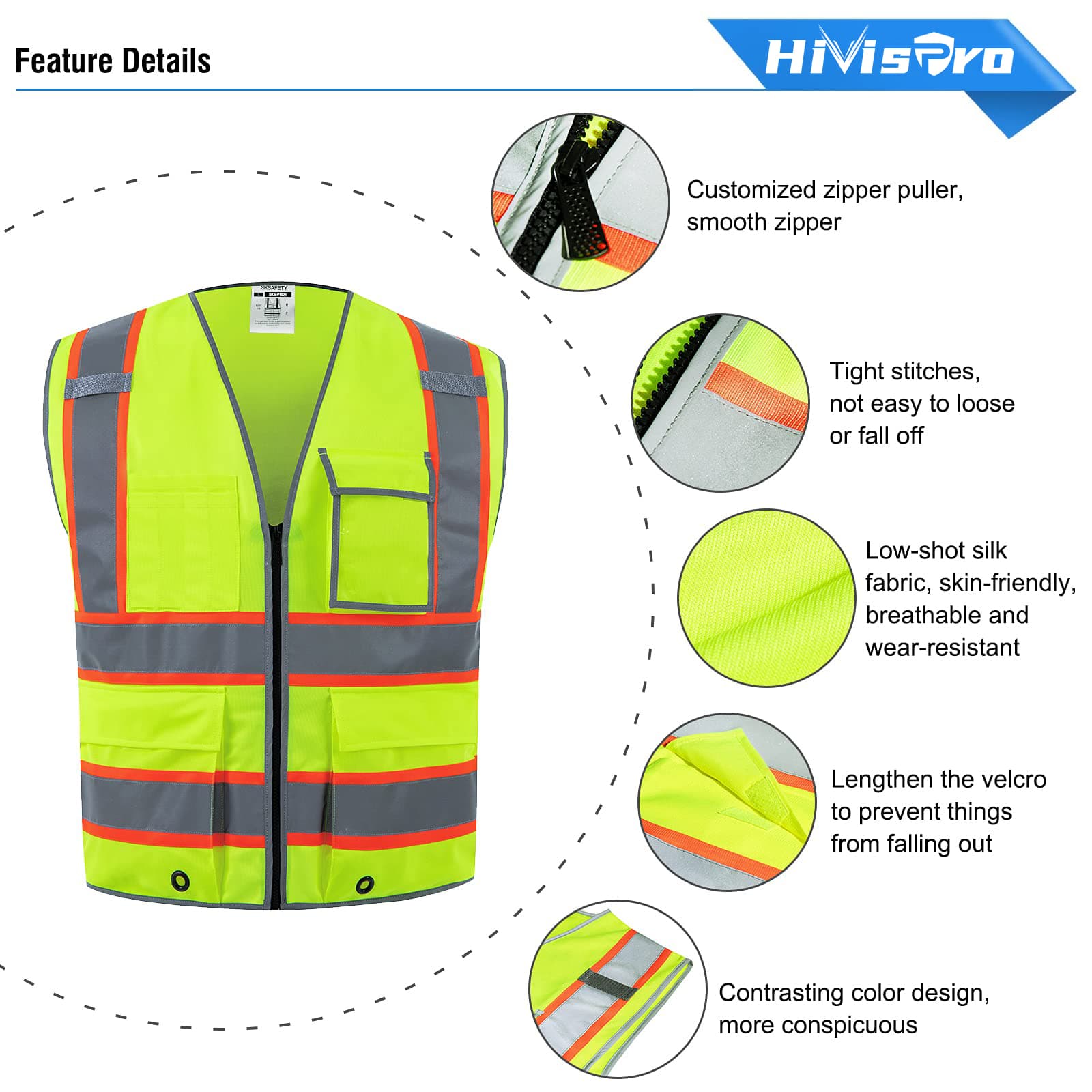HivisPro ANSI Class 2 High-Visibility Safety Vest with 4 Pockets & Polyester Tricot - (V102)