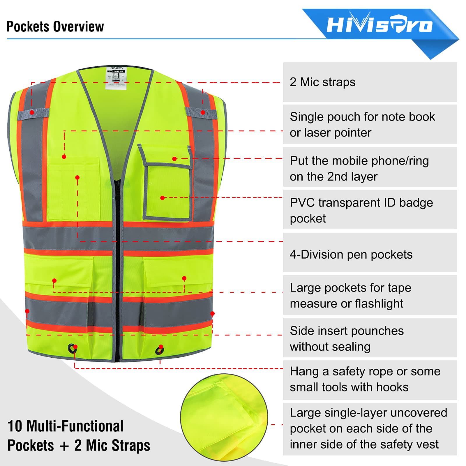 hivispro lime safety vest v1021 features
