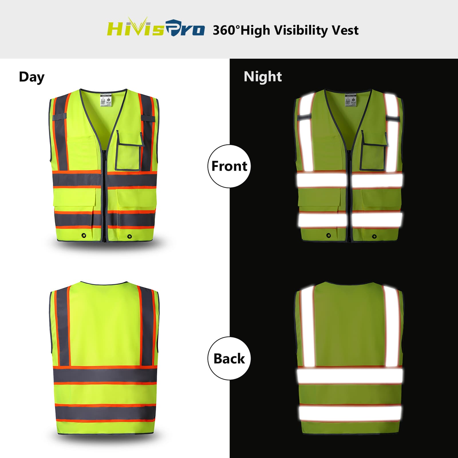 HivisPro ANSI Class 2 High-Visibility Safety Vest with 4 Pockets & Polyester Tricot - (V102)