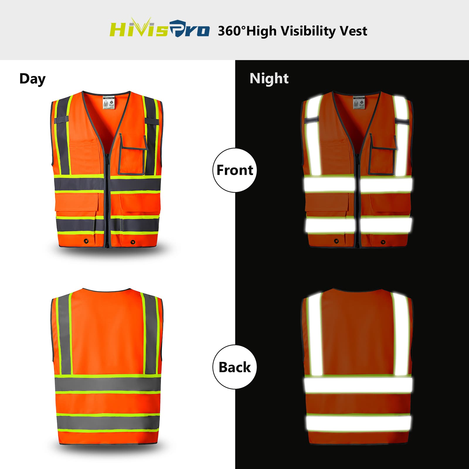 HivisPro ANSI Class 2 High-Visibility Safety Vest with 4 Pockets & Polyester Tricot - (V102)