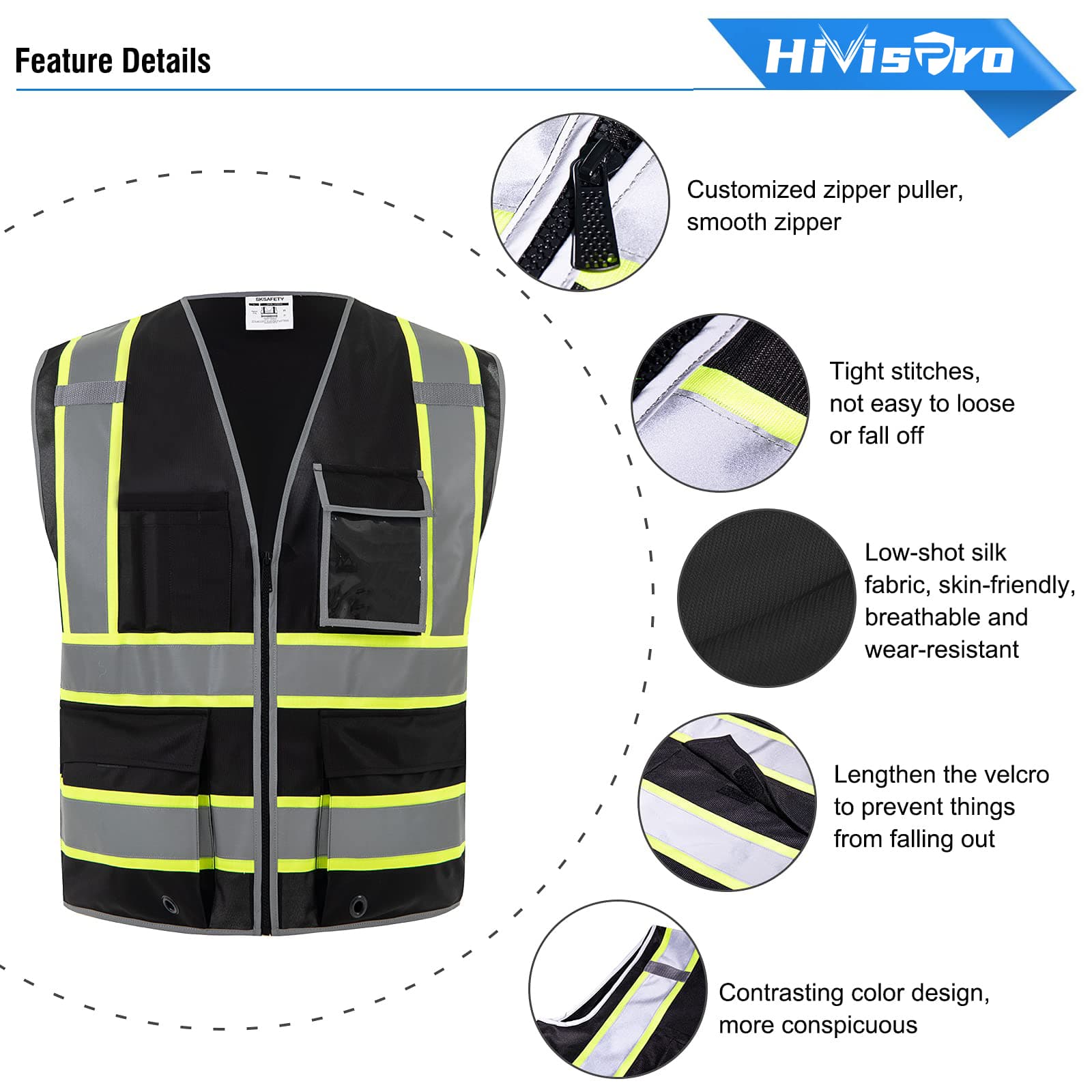 HivisPro ANSI Class 2 High-Visibility Safety Vest with 4 Pockets & Polyester Tricot - (V102)