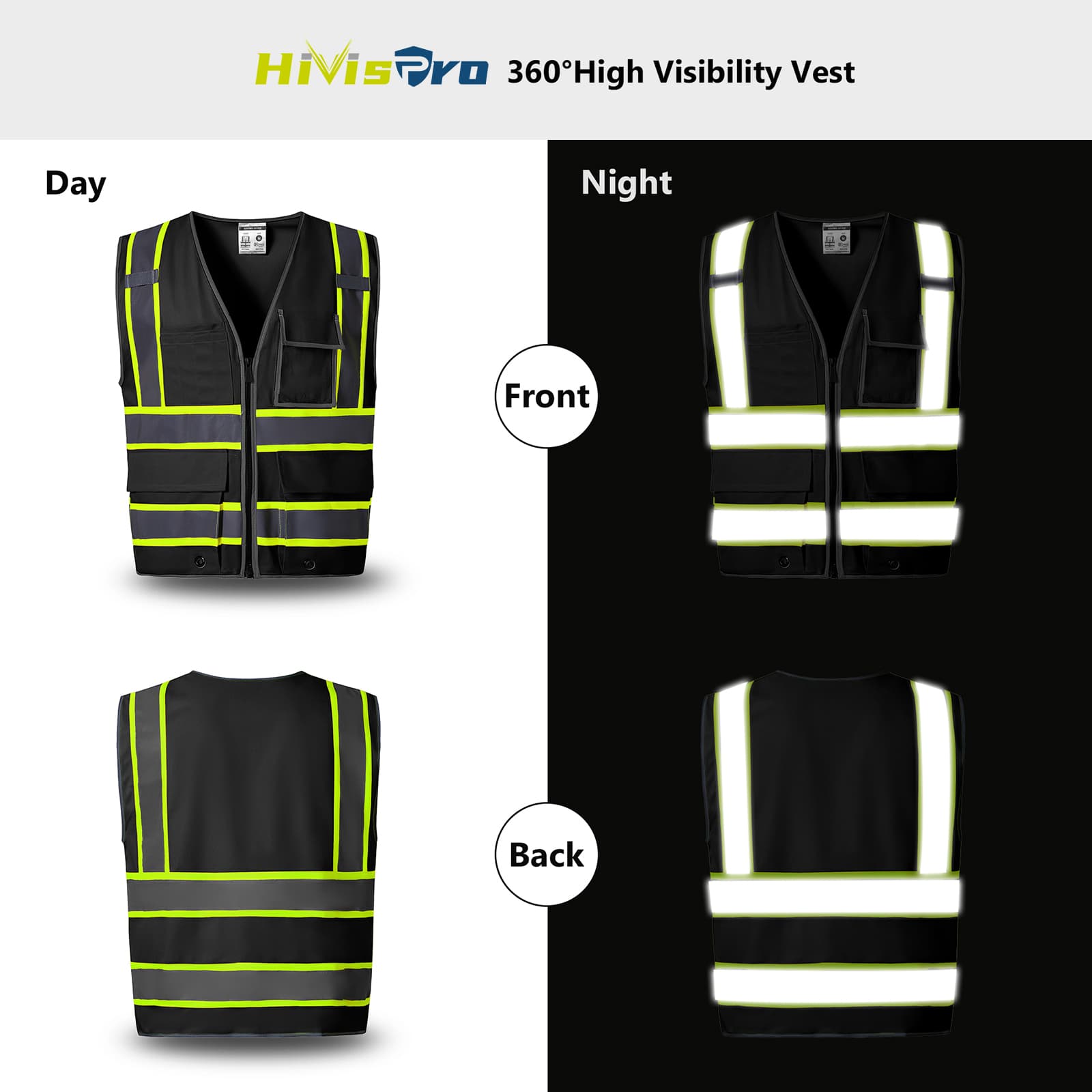 HivisPro ANSI Class 2 High-Visibility Safety Vest with 4 Pockets & Polyester Tricot - (V102)