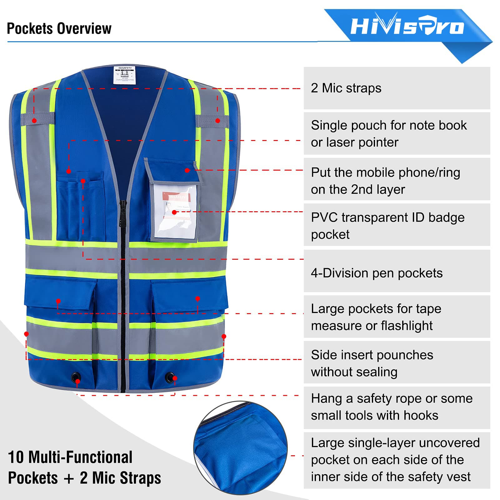 HivisPro ANSI Class 2 High-Visibility Safety Vest with 4 Pockets & Polyester Tricot - (V102)