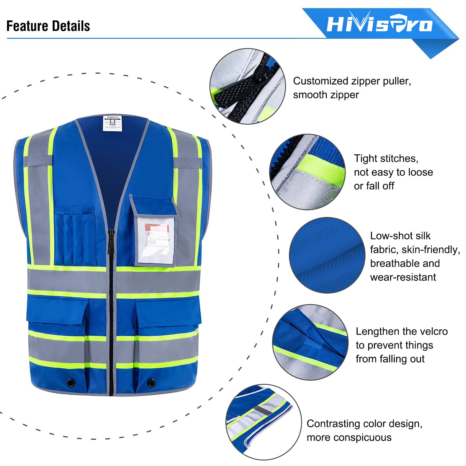 HivisPro ANSI Class 2 High-Visibility Safety Vest with 4 Pockets & Polyester Tricot - (V102)