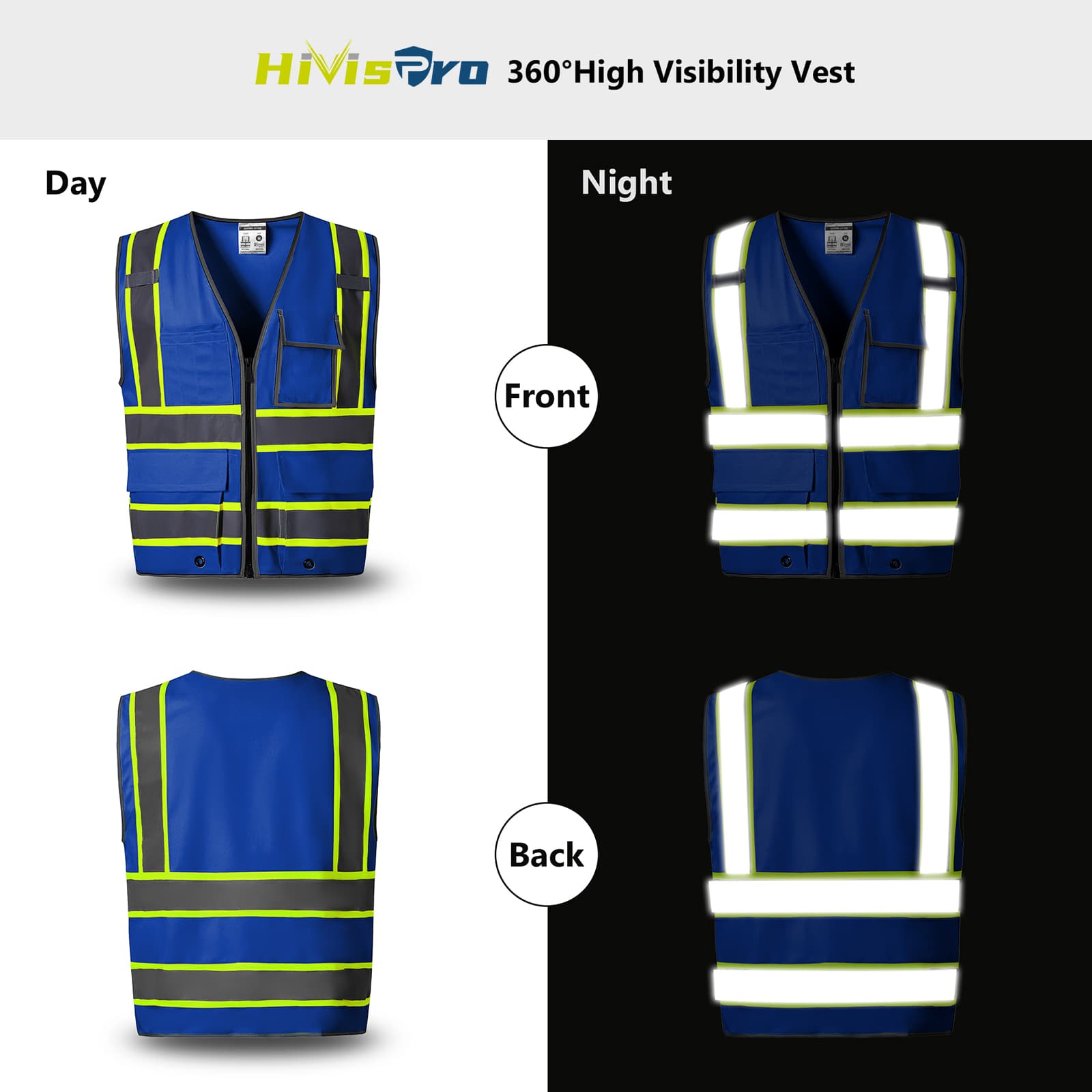 HivisPro ANSI Class 2 High-Visibility Safety Vest with 4 Pockets & Polyester Tricot - (V102)
