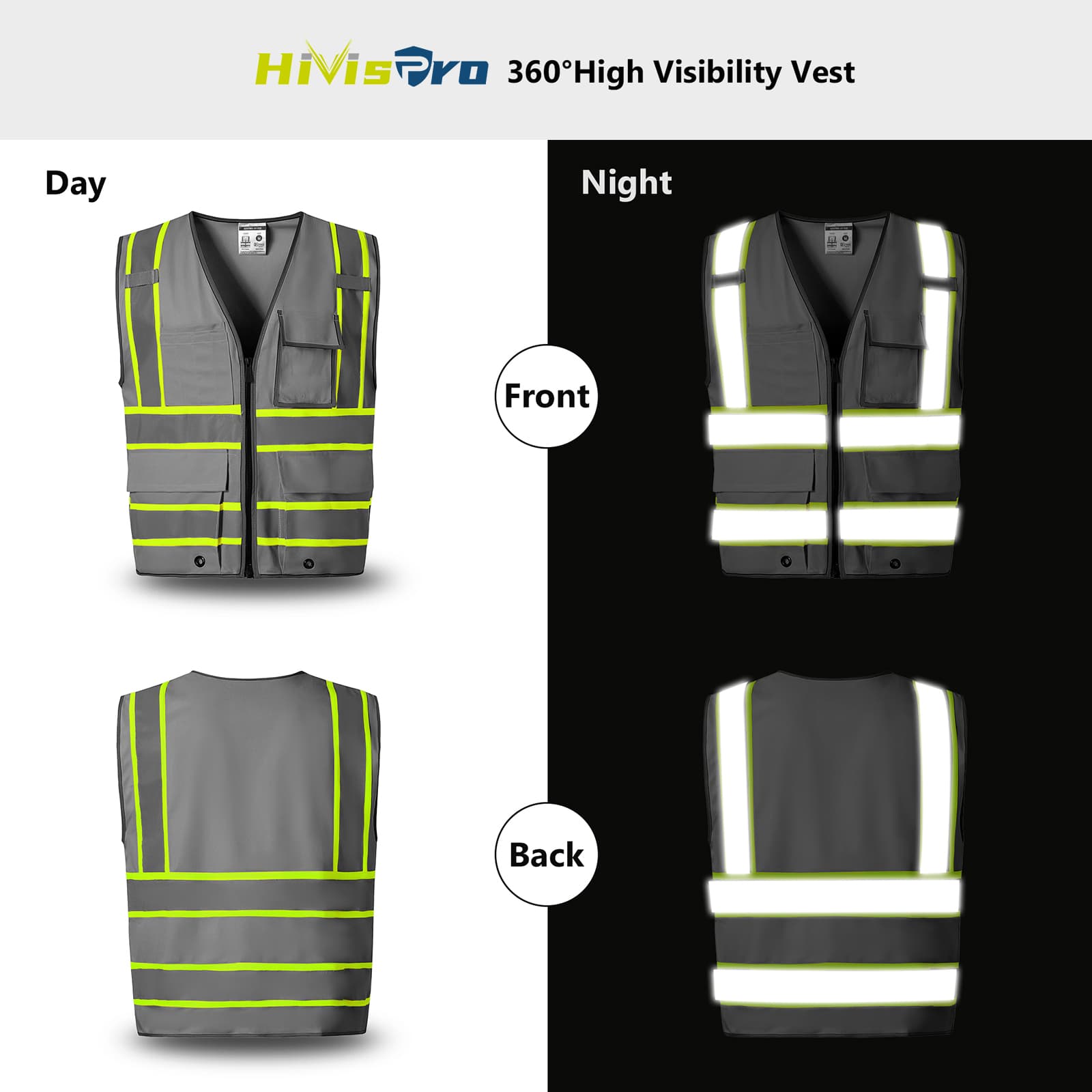 HivisPro ANSI Class 2 High-Visibility Safety Vest with 4 Pockets & Polyester Tricot - (V102)