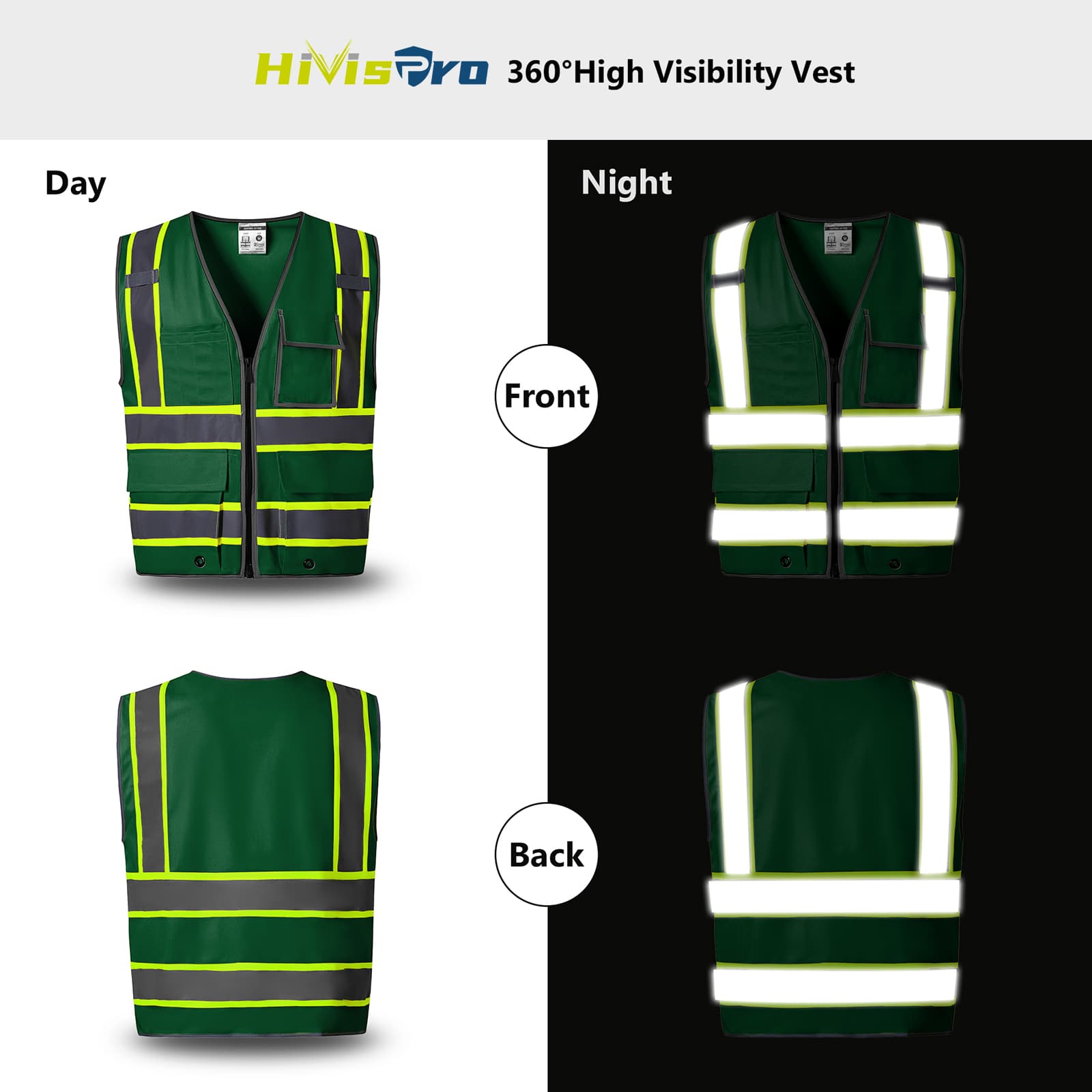 HivisPro ANSI Class 2 High-Visibility Safety Vest with 4 Pockets & Polyester Tricot - (V102)