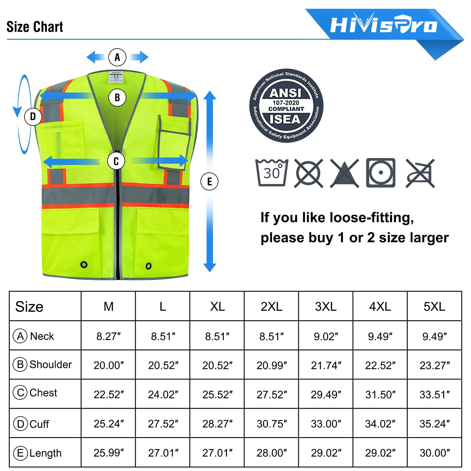 HivisPro ANSI Class 2 High-Visibility Safety Vest with 4 Pockets & Mesh Back - V103