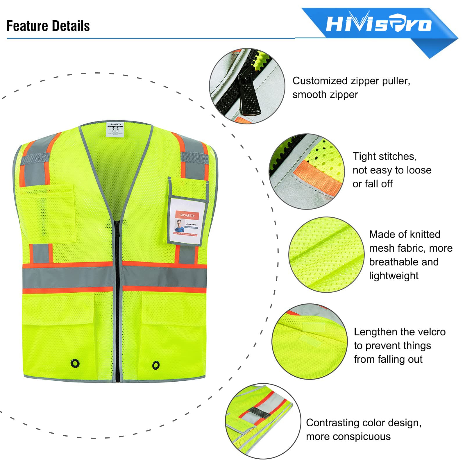 HivisPro ANSI Class 2 High-Visibility Safety Vest with 4 Pockets & Mesh Back - V103