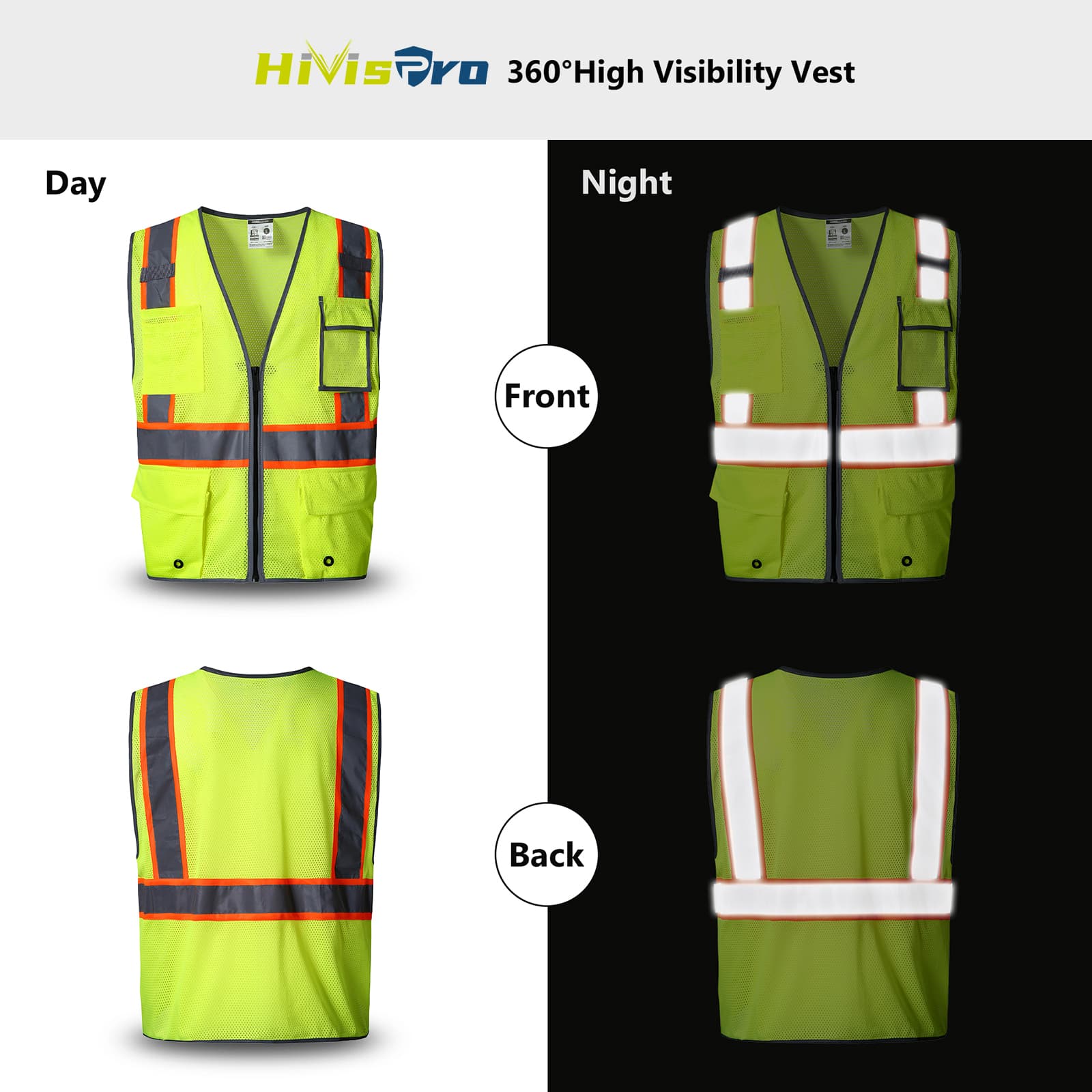 HivisPro ANSI Class 2 High-Visibility Safety Vest with 4 Pockets & Mesh Back - V103