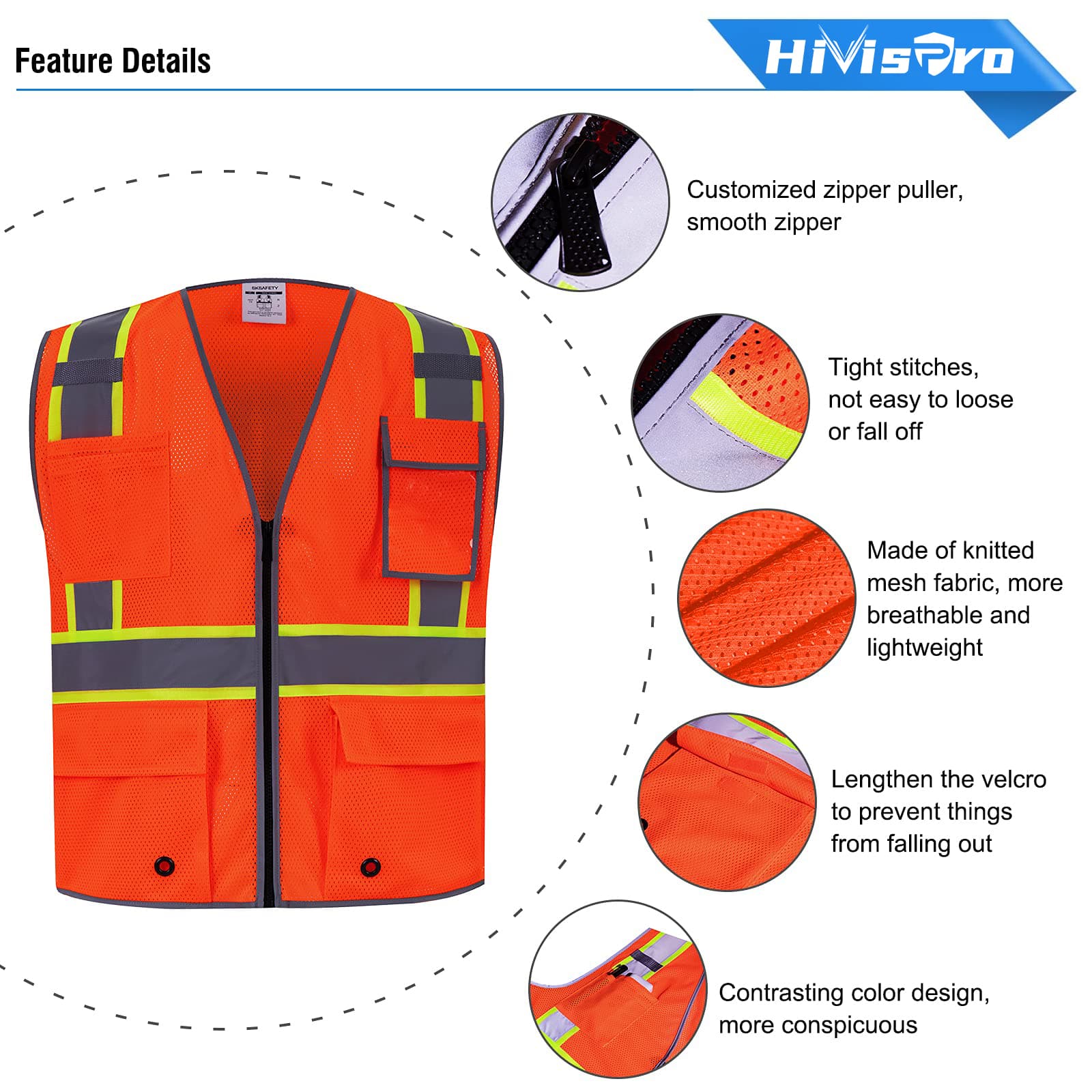HivisPro ANSI Class 2 High-Visibility Safety Vest with 4 Pockets & Mesh Back - V103
