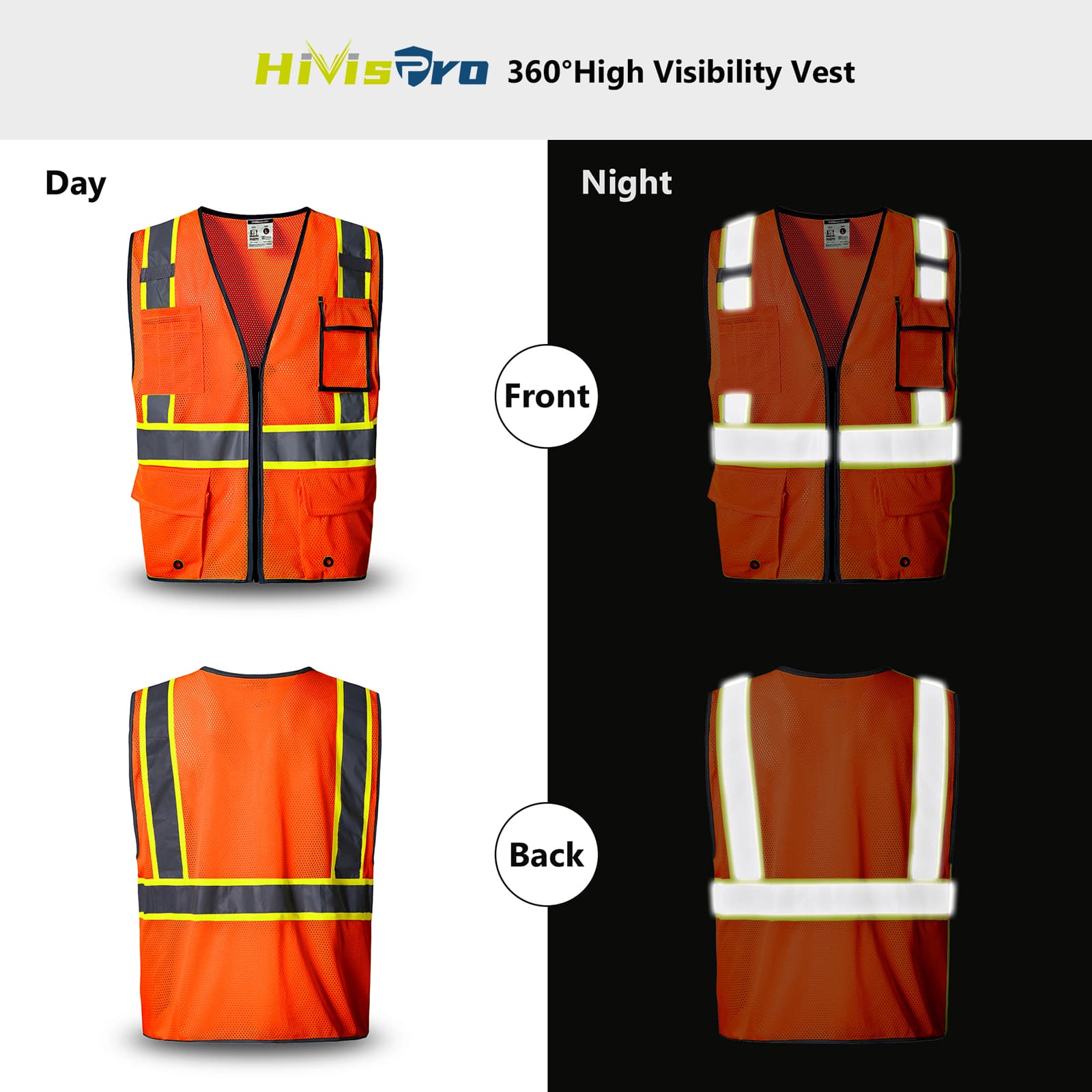 HivisPro ANSI Class 2 High-Visibility Safety Vest with 4 Pockets & Mesh Back - V103
