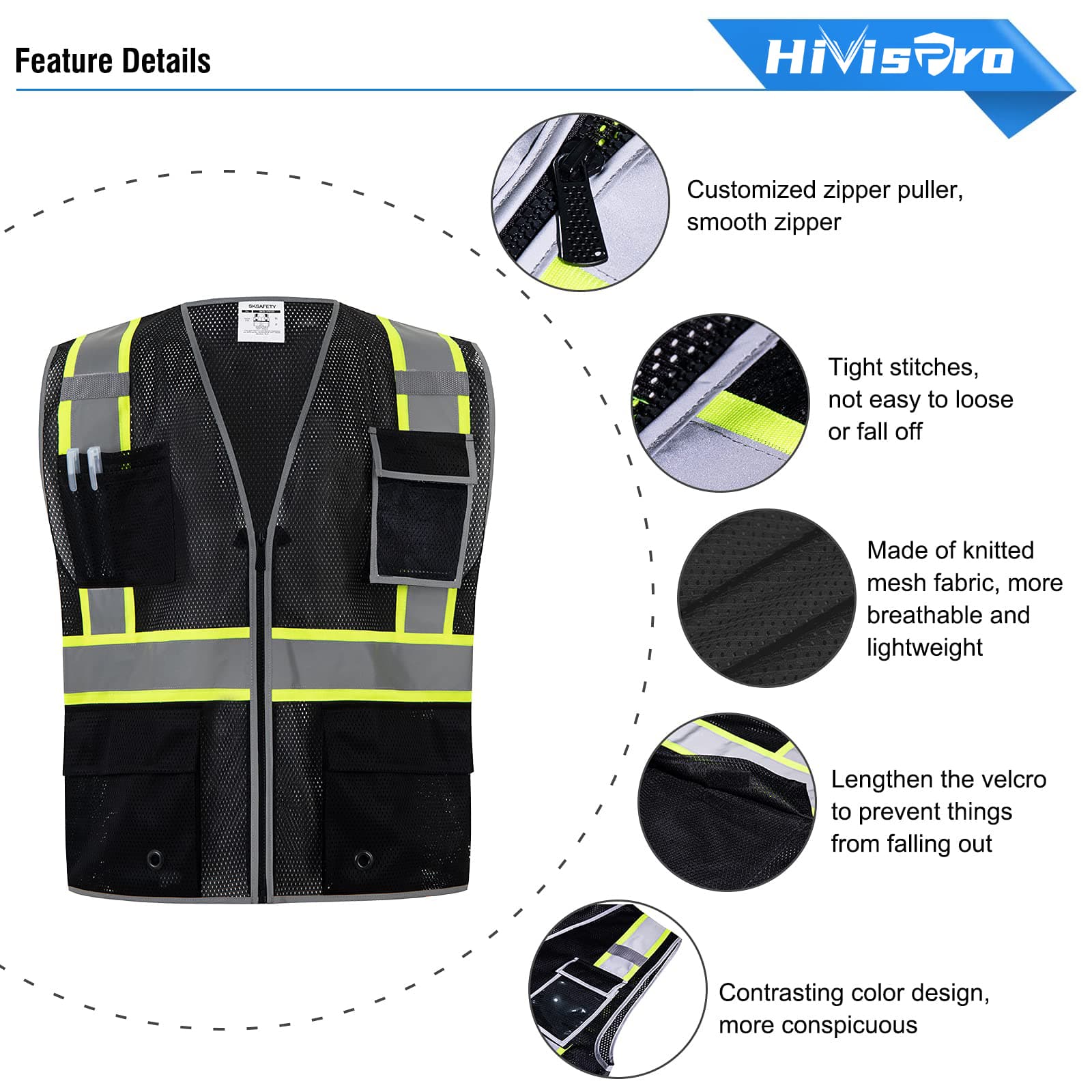 HivisPro ANSI Class 2 High-Visibility Safety Vest with 4 Pockets & Mesh Back - V103