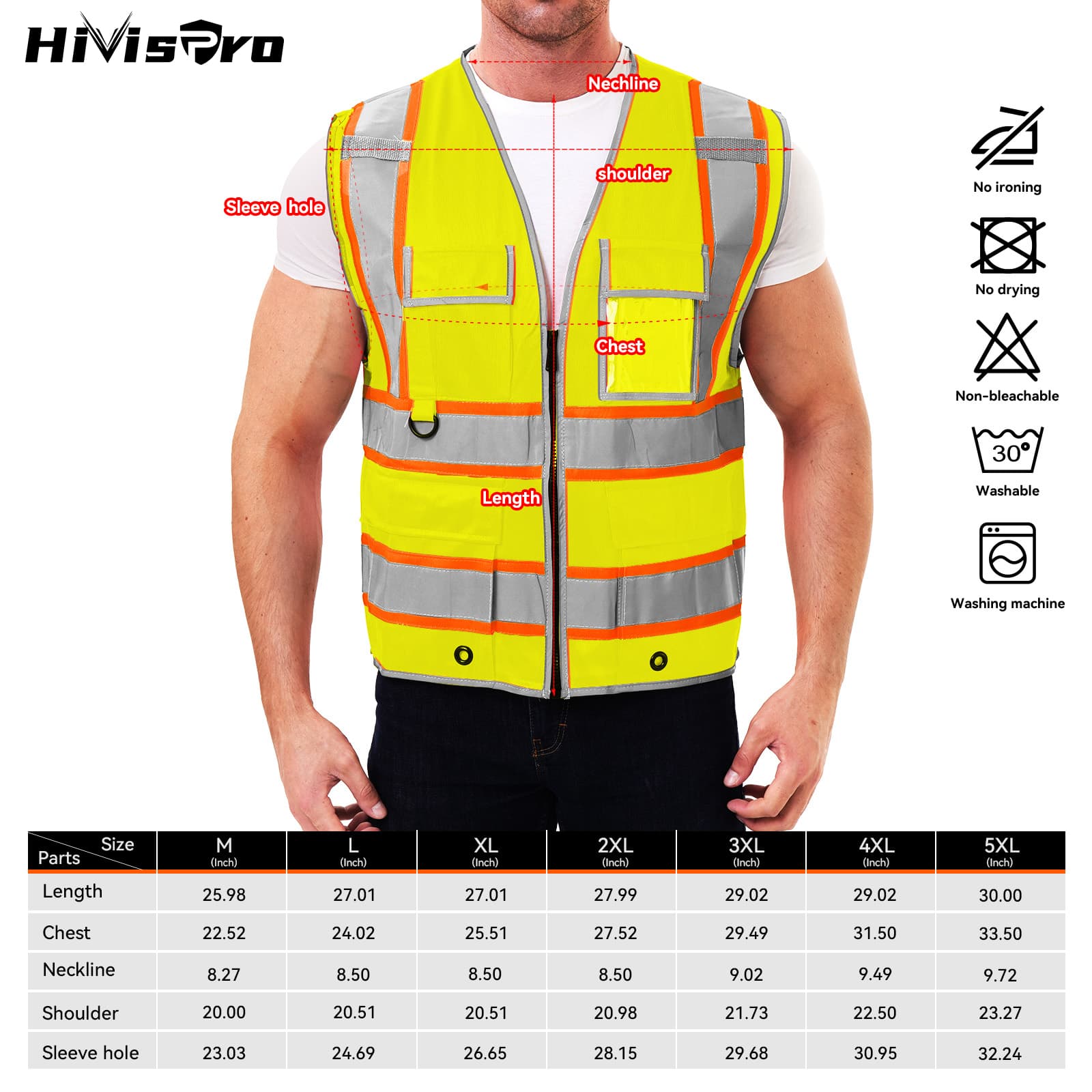 HivisPro Reflective Safety Vest | ANSI Class 2 Certified Hi-Vis Work & Play Vest with Pockets (V104)