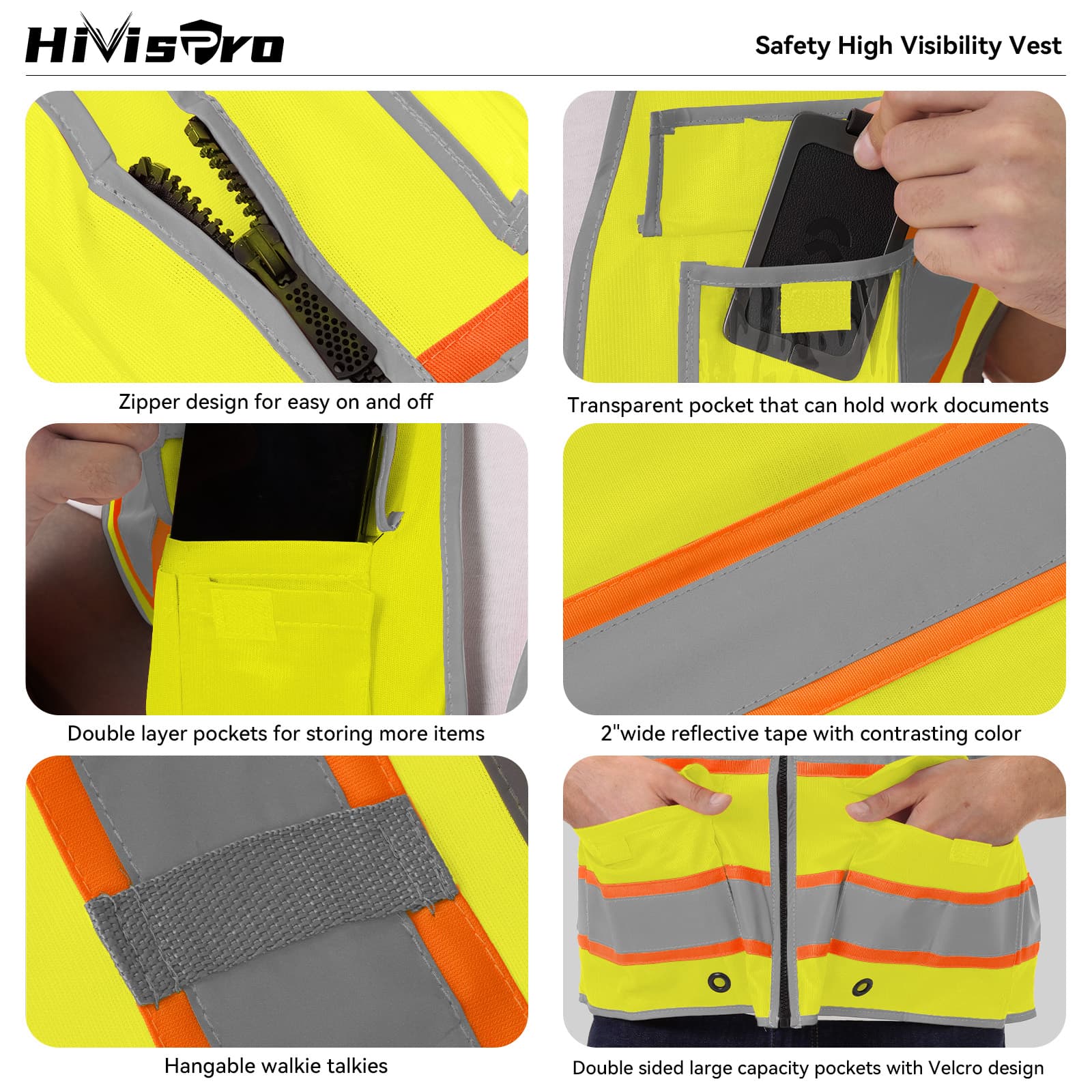 HivisPro Reflective Safety Vest | ANSI Class 2 Certified Hi-Vis Work & Play Vest with Pockets (V104)