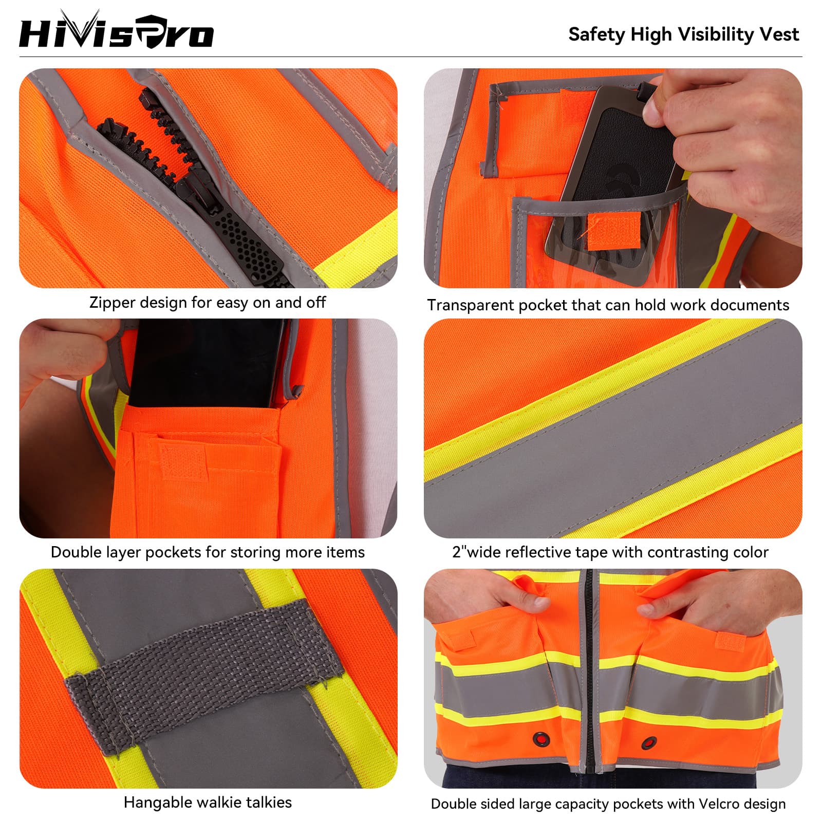 HivisPro Reflective Safety Vest | ANSI Class 2 Certified Hi-Vis Work & Play Vest with Pockets (V104)