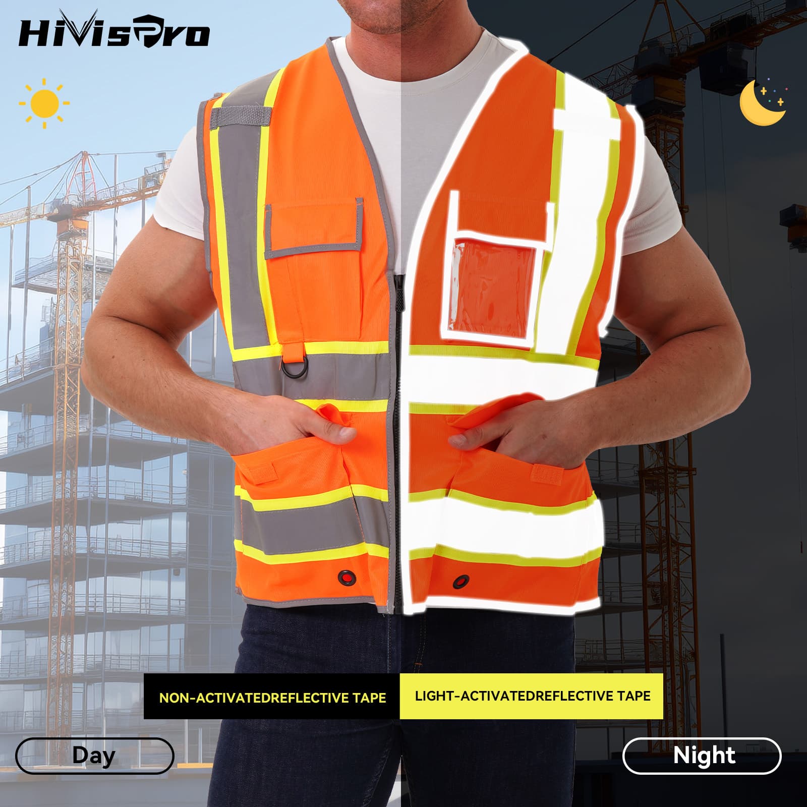 HivisPro Reflective Safety Vest | ANSI Class 2 Certified Hi-Vis Work & Play Vest with Pockets (V104)