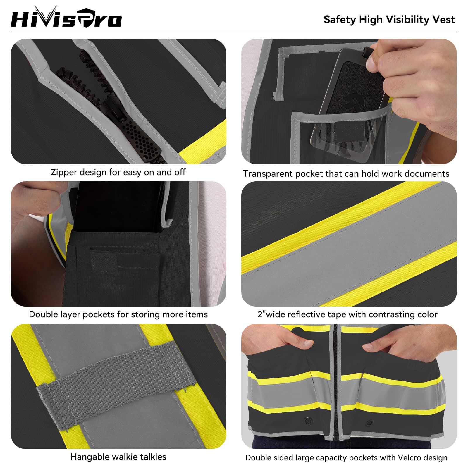 HivisPro Reflective Safety Vest | ANSI Class 2 Certified Hi-Vis Work & Play Vest with Pockets (V104)