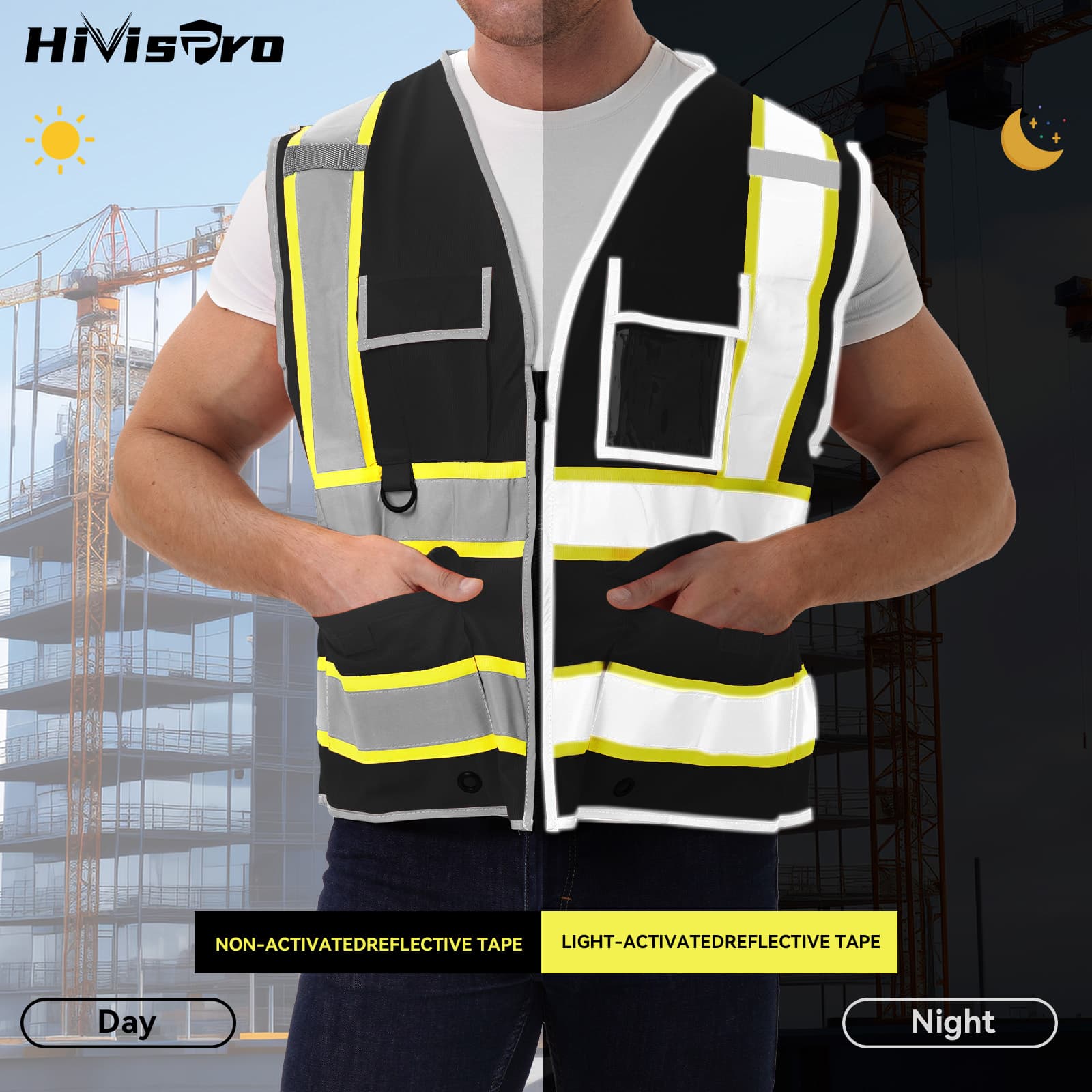 HivisPro Reflective Safety Vest | ANSI Class 2 Certified Hi-Vis Work & Play Vest with Pockets (V104)