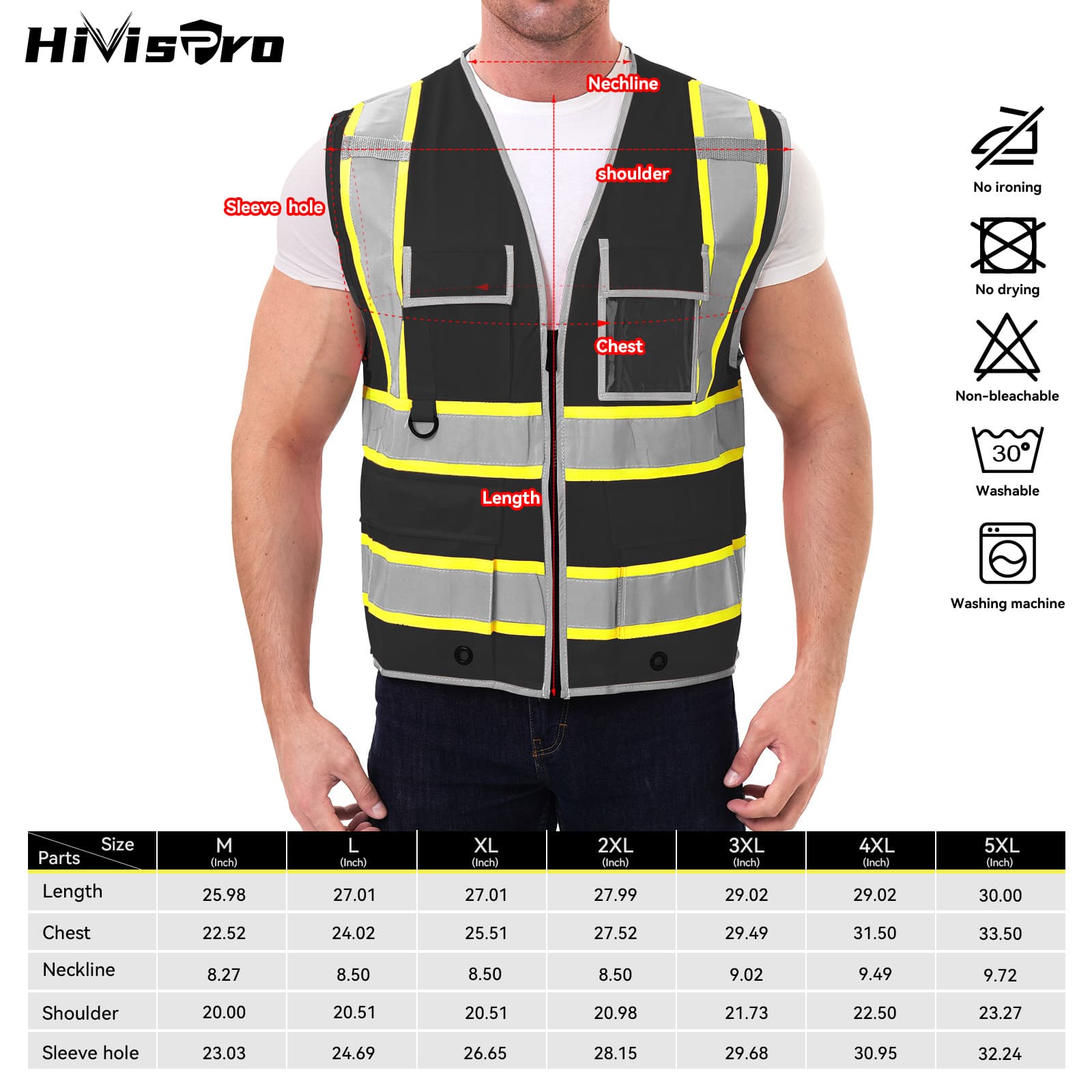 HivisPro Reflective Safety Vest | ANSI Class 2 Certified Hi-Vis Work & Play Vest with Pockets (V104)