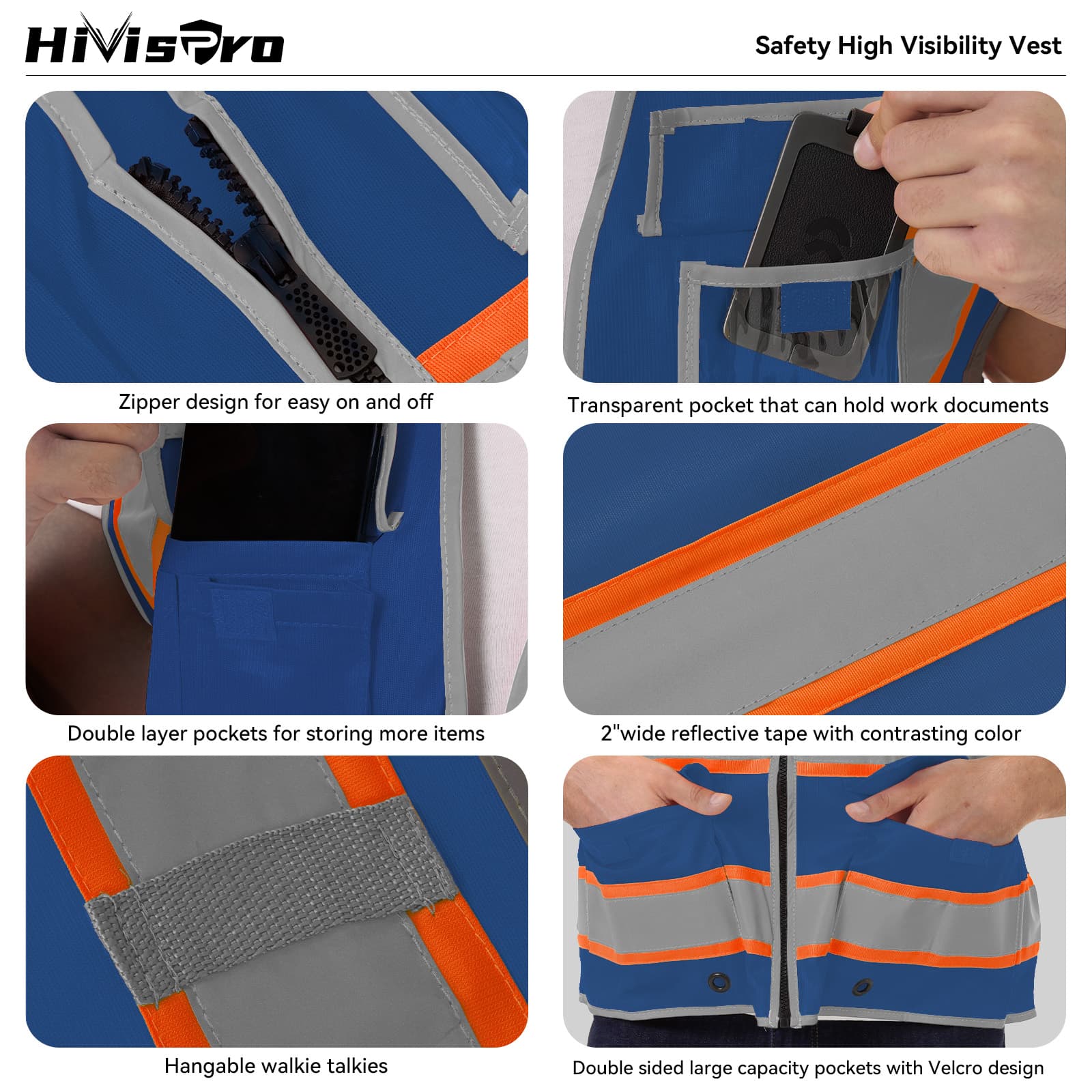 HivisPro Reflective Safety Vest | ANSI Class 2 Certified Hi-Vis Work & Play Vest with Pockets (V104)