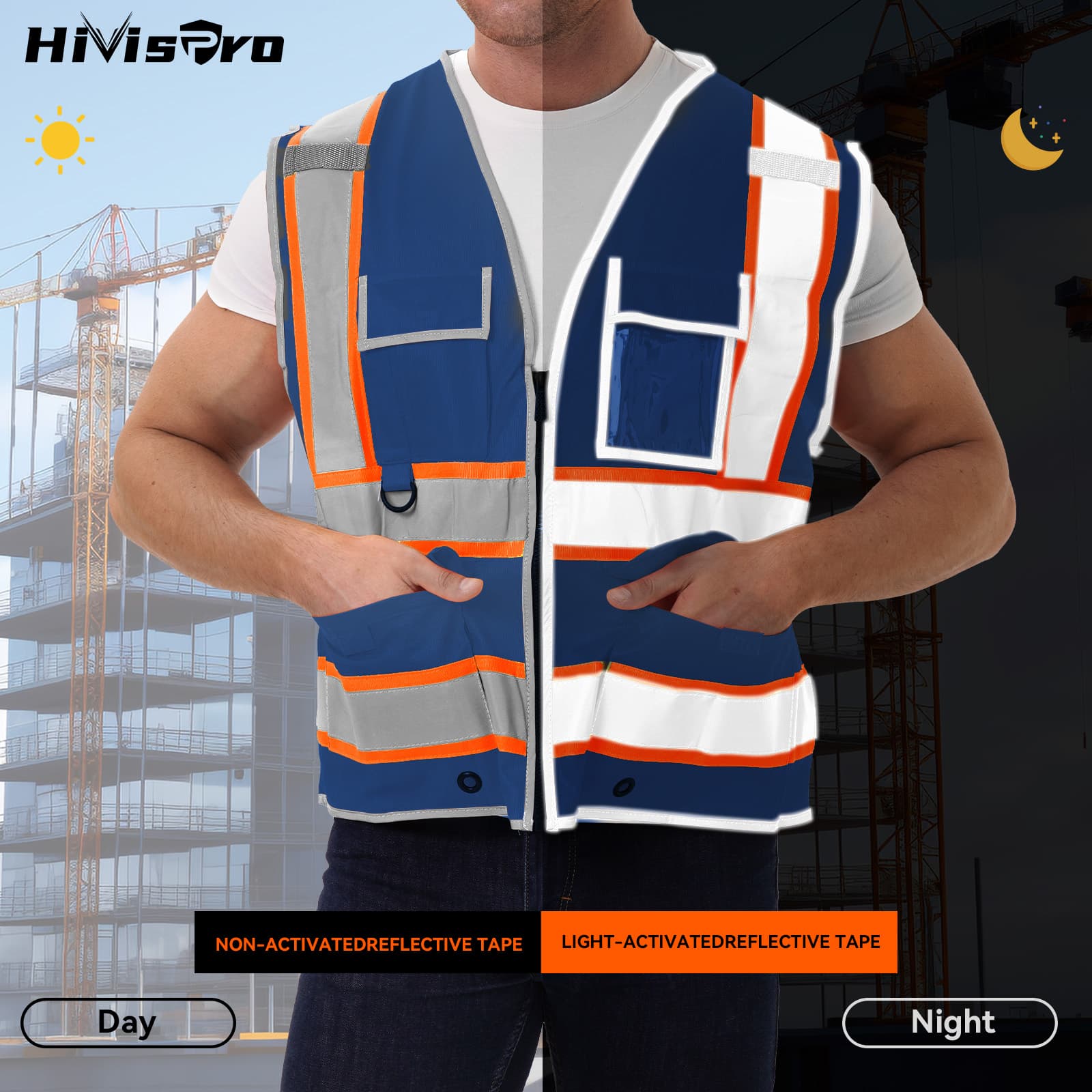 HivisPro Reflective Safety Vest | ANSI Class 2 Certified Hi-Vis Work & Play Vest with Pockets (V104)