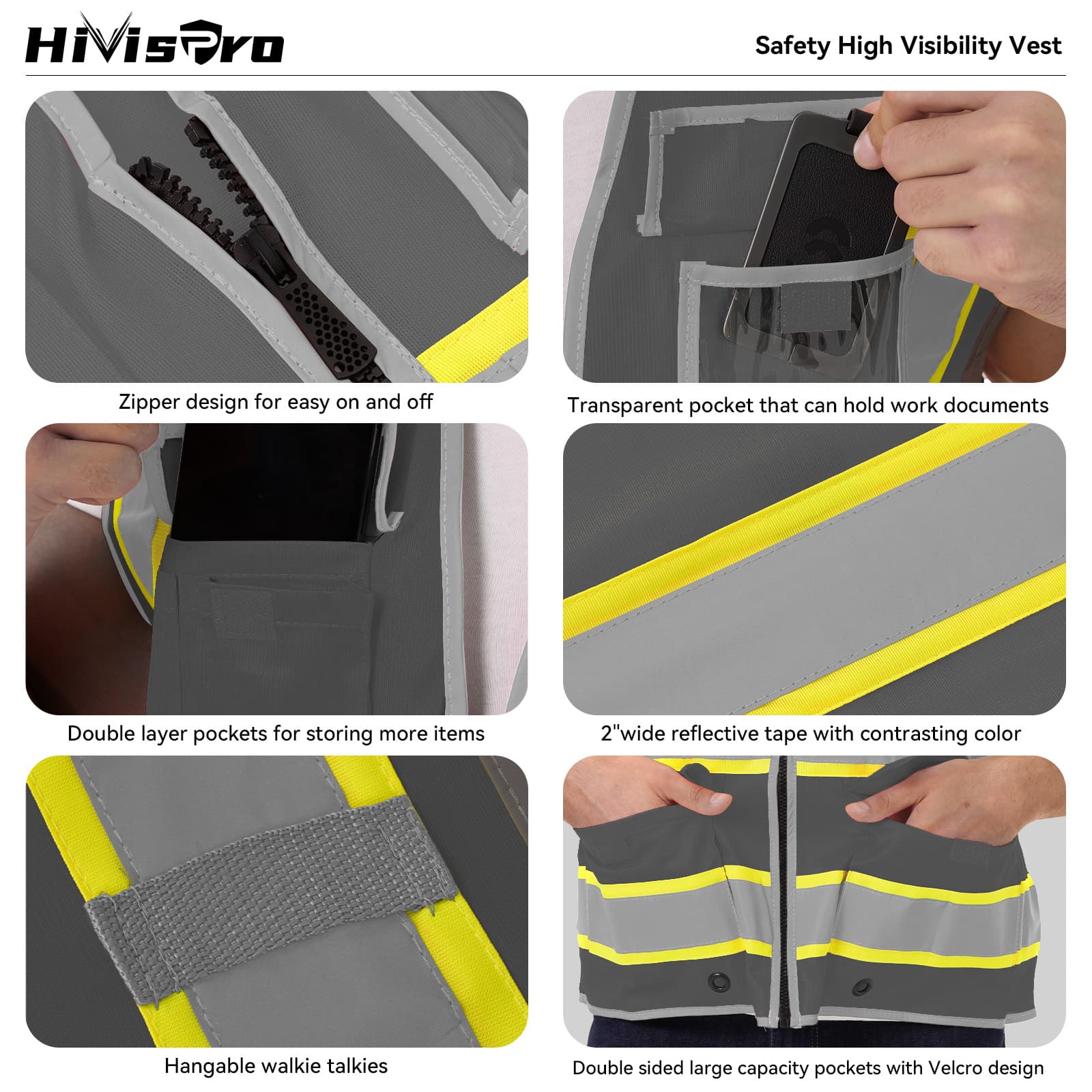 HivisPro Reflective Safety Vest | ANSI Class 2 Certified Hi-Vis Work & Play Vest with Pockets (V104)