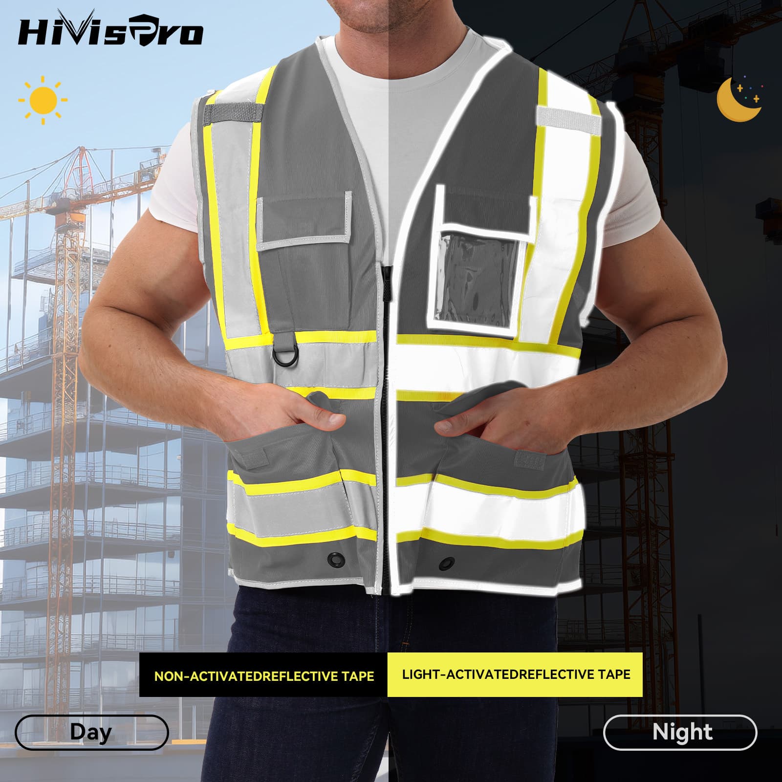 HivisPro Reflective Safety Vest | ANSI Class 2 Certified Hi-Vis Work & Play Vest with Pockets (V104)