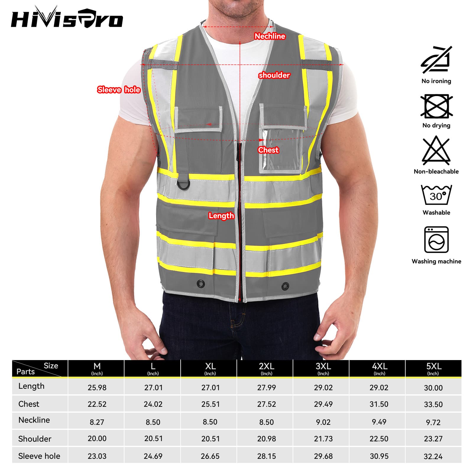 HivisPro Reflective Safety Vest | ANSI Class 2 Certified Hi-Vis Work & Play Vest with Pockets (V104)
