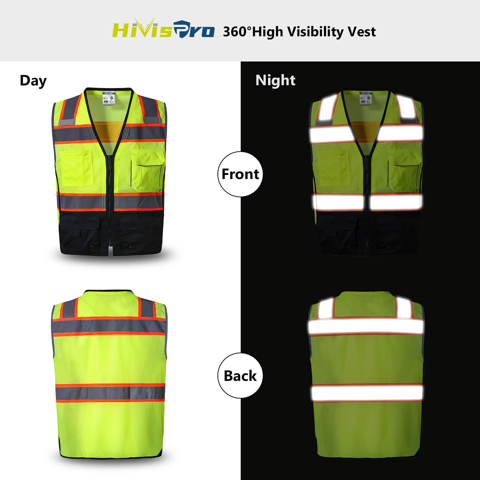 hivispro lime safety vest v1051 reflection performance during day and night