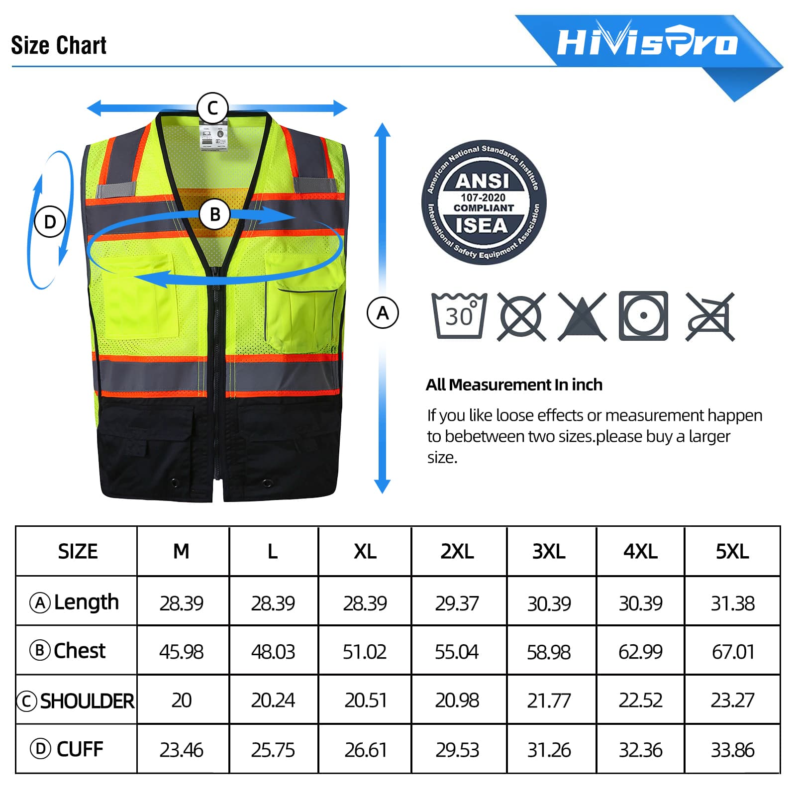 hivispro safty vest v1051 size chart
